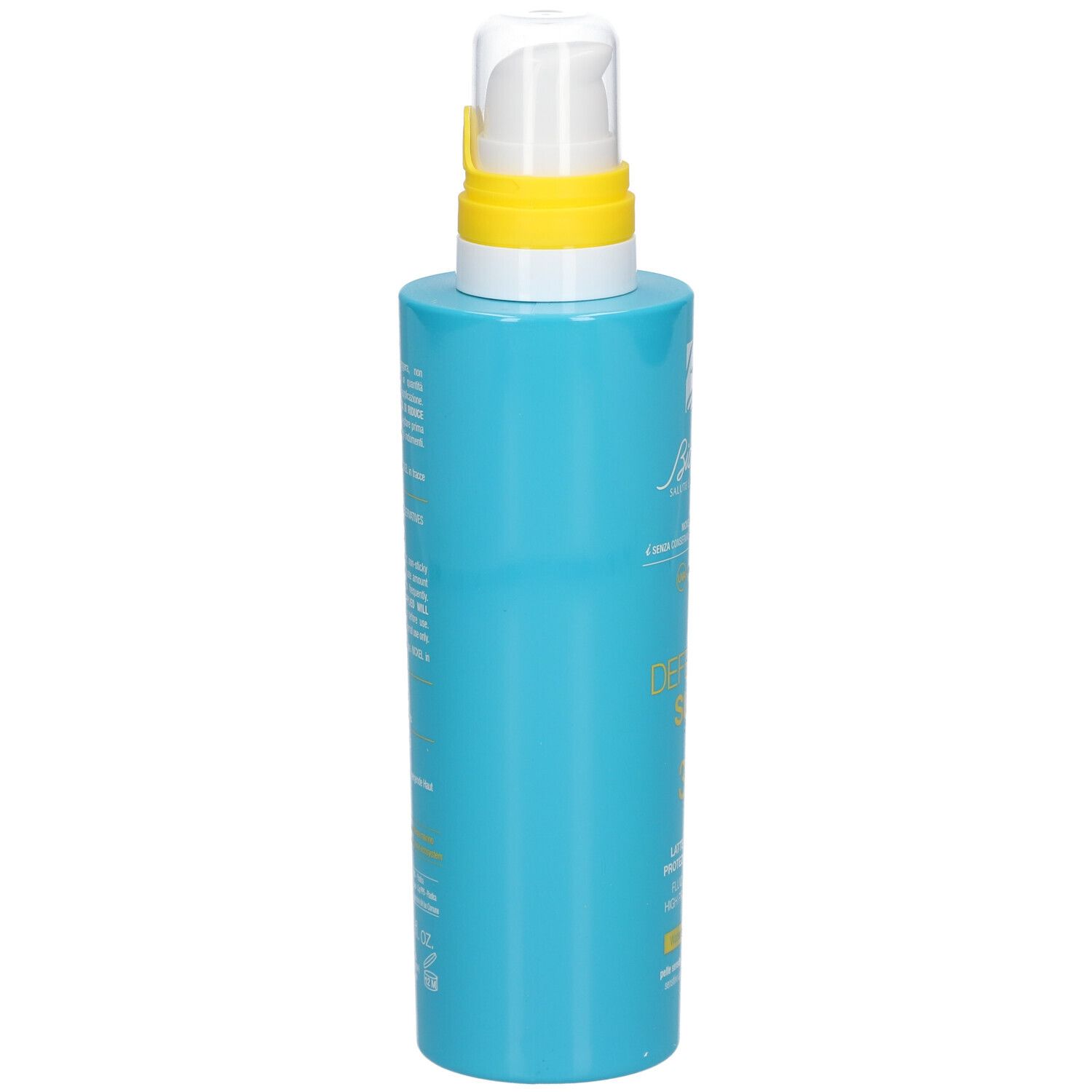 Flacon bleu turquoise avec tête de pulvérisation blanche et anneau jaune. Dos avec texte. Marque : BioNike.