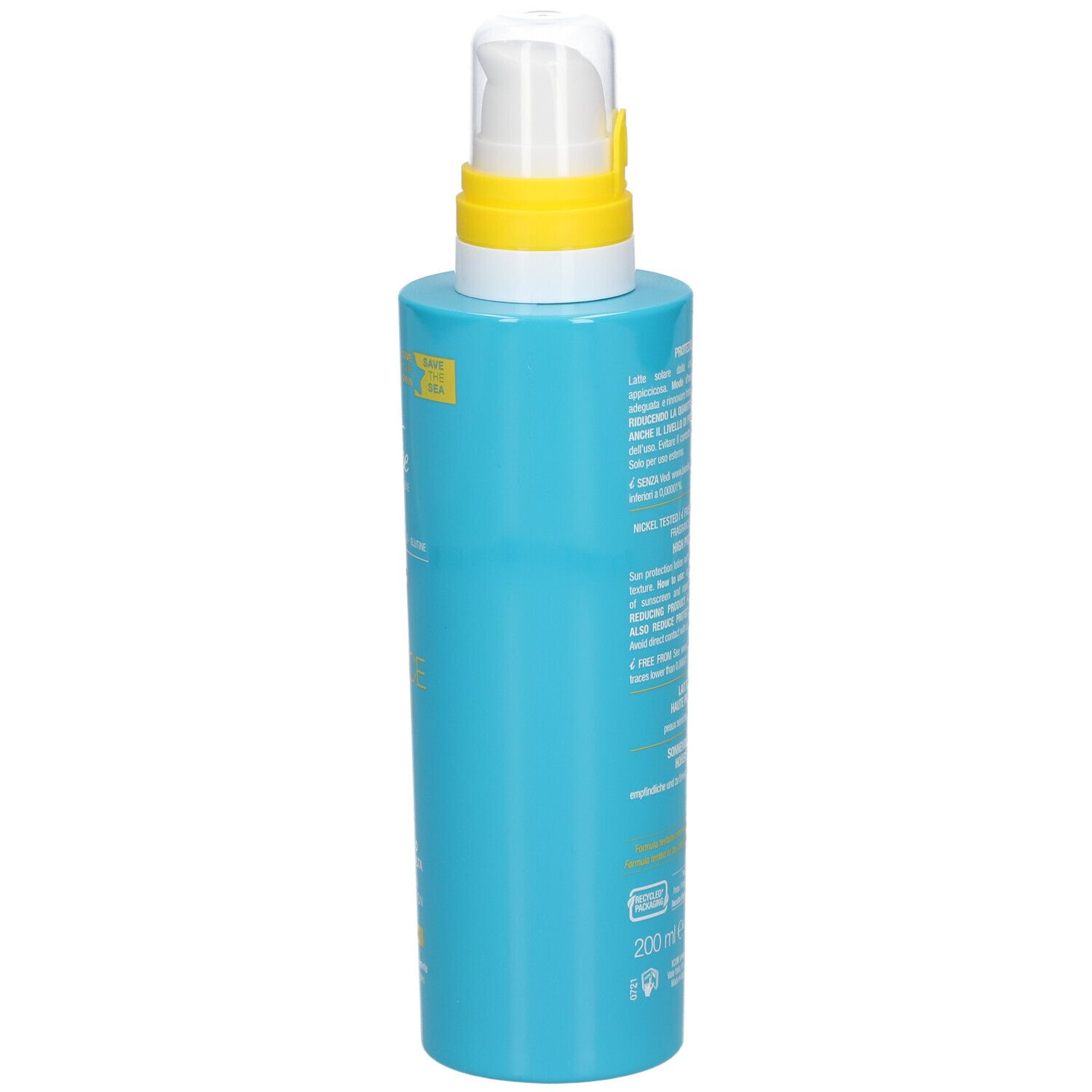 Flacon bleu turquoise avec tête de pulvérisation blanche et anneau jaune. Dos avec texte. Marque : BioNike.