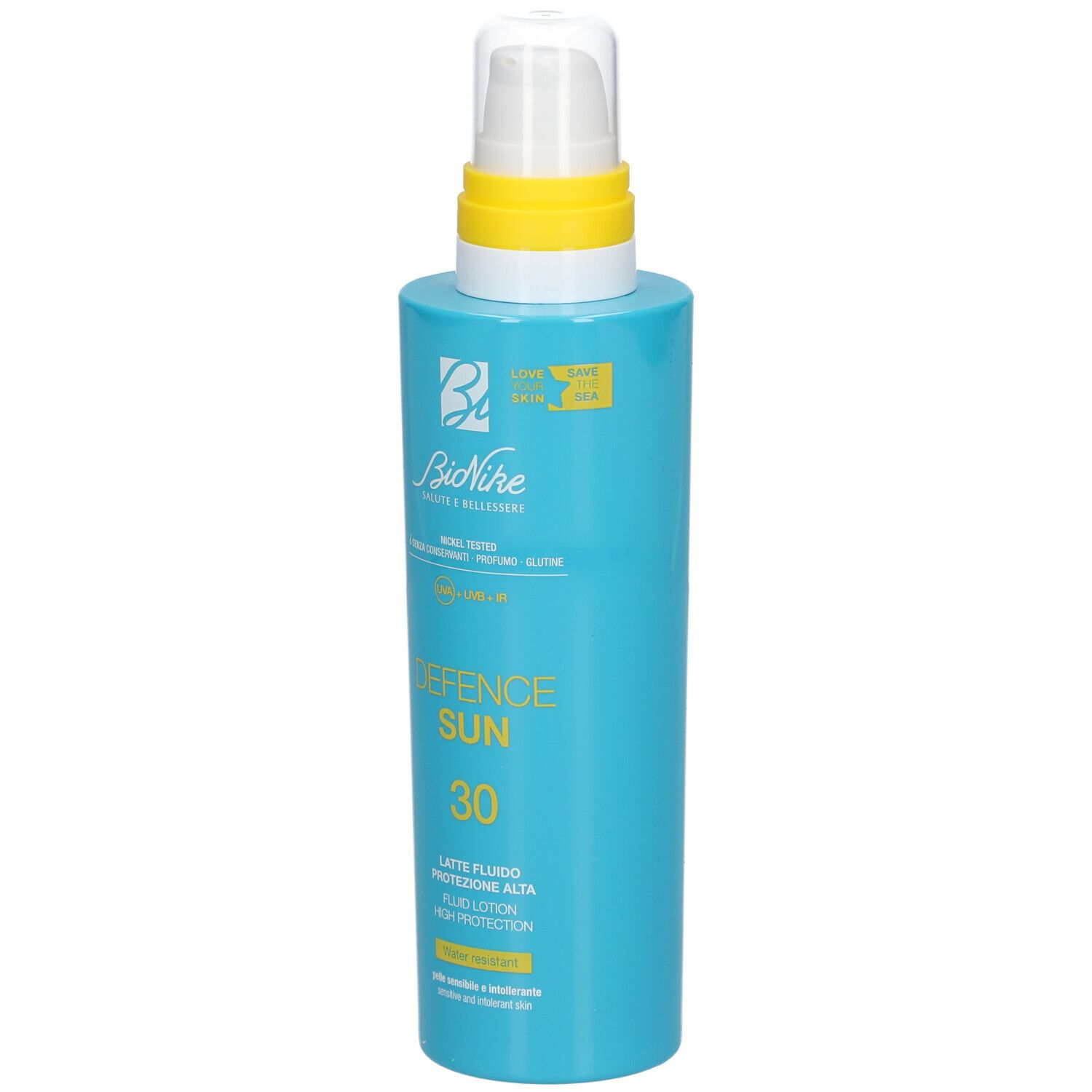 Flacon bleu turquoise avec tête de pulvérisation blanche et anneau jaune. Inscription : Defence Sun 30, Latte Fluido, High Protection. Marque : BioNike.