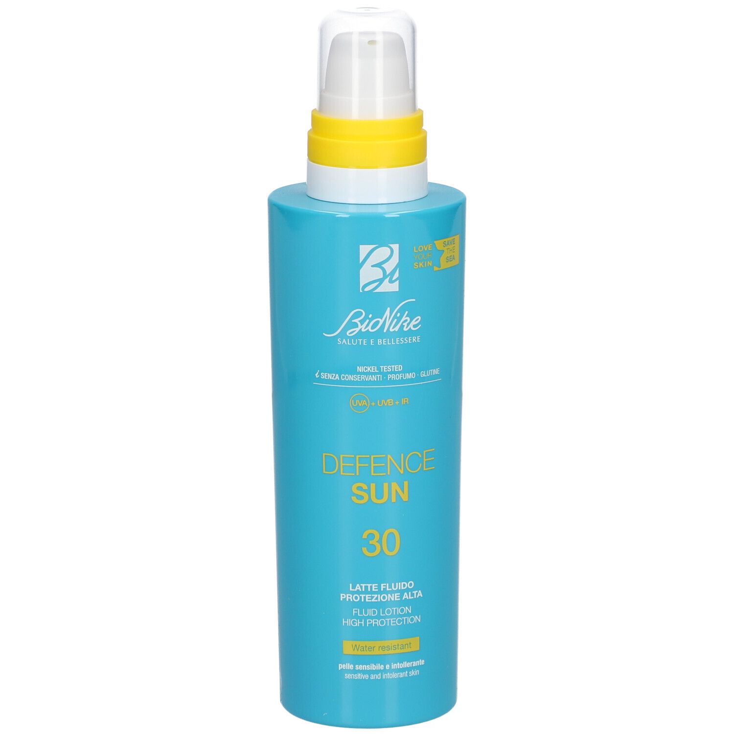 Flacon bleu turquoise avec tête de pulvérisation blanche et anneau jaune. Inscription : Defence Sun 30, Latte Fluido, High Protection. Marque : BioNike.