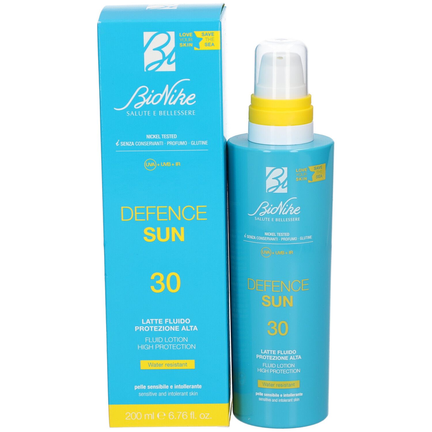 Flacon et boîte bleus turquoise. Inscription : Defence Sun 30, Latte Fluido, High Protection. Marque : BioNike.