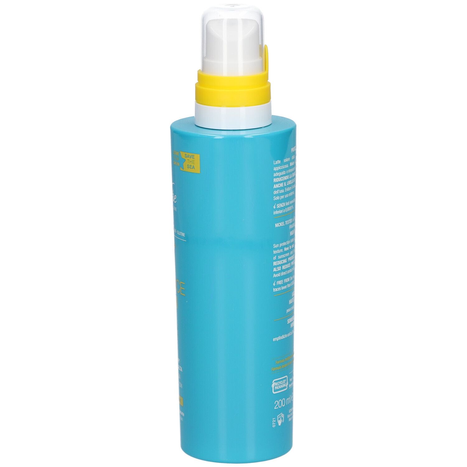 Flacon bleu turquoise avec vaporisateur blanc et anneau jaune. Inscription : Defence Sun 30, Bionike, 200 ml.