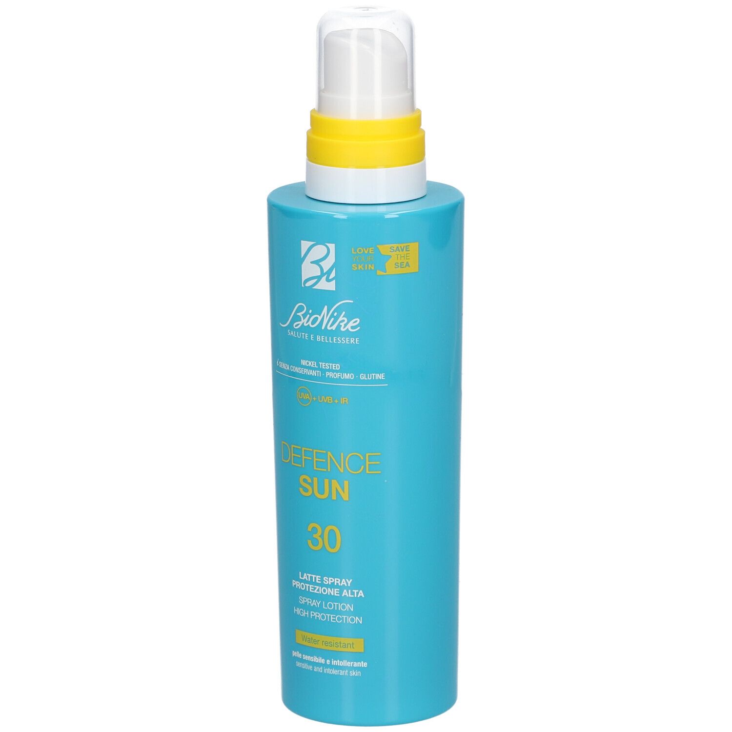 Flacon bleu turquoise avec vaporisateur blanc et anneau jaune. Inscription : Defence Sun 30, Latte Spray, Bionike.