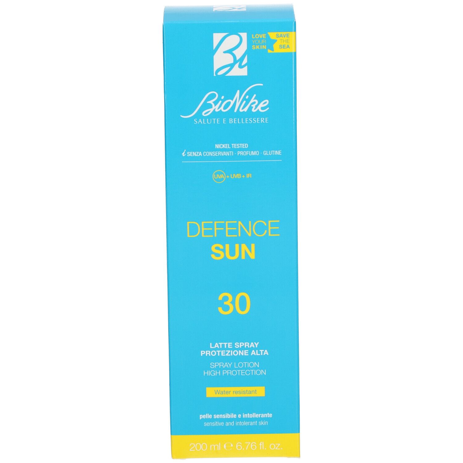Boîte bleu turquoise. Inscription : Defence Sun 30, Latte Spray, Bionike. 200 ml.