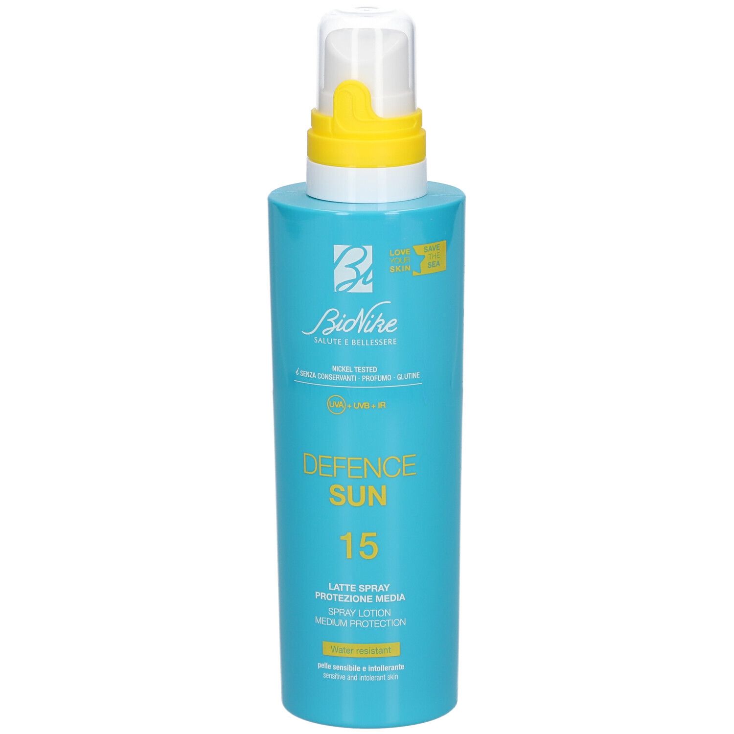 Flacon spray bleu turquoise avec tête jaune. Inscription : Defence Sun 15, Latte Spray, protection SPF 15.