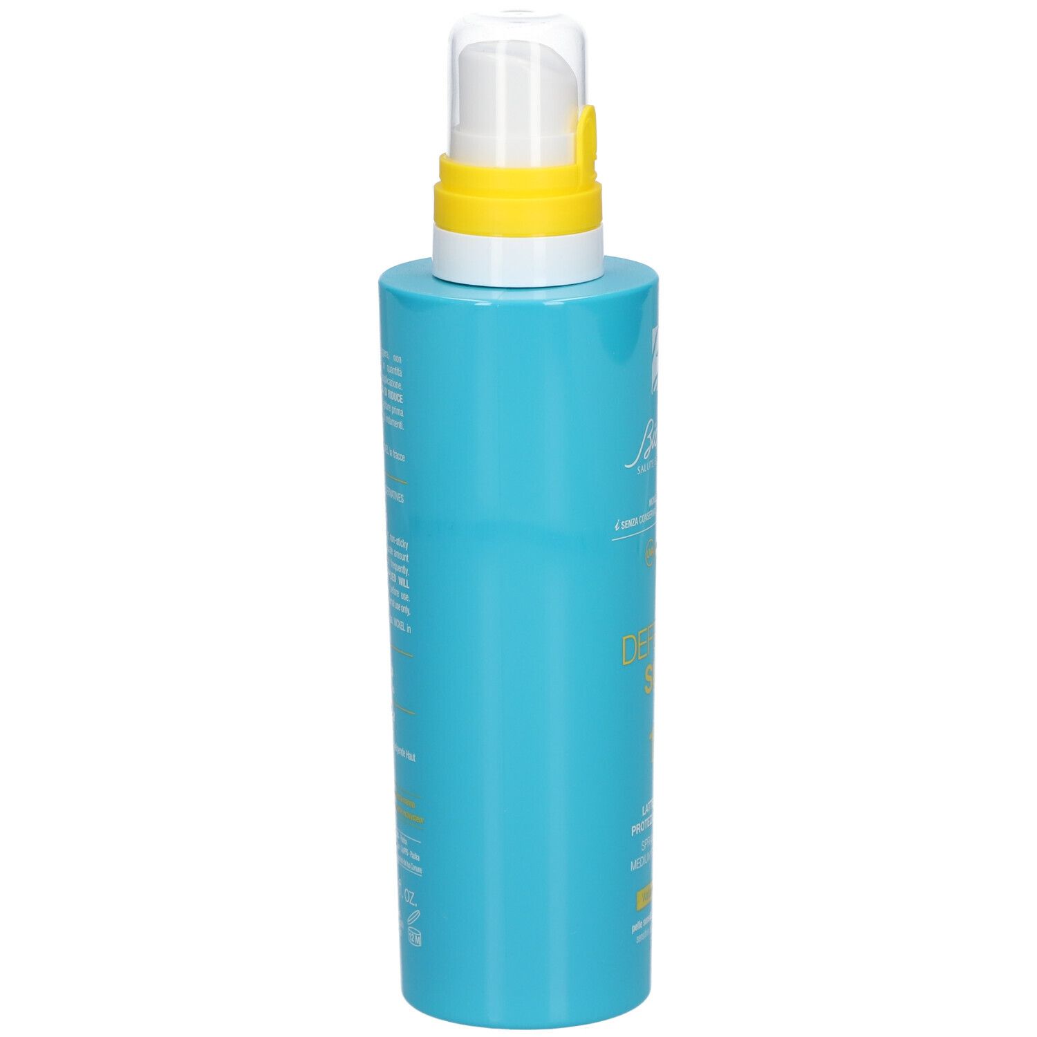 Flacon spray bleu turquoise avec tête jaune. Inscription illisible. Vue latérale.