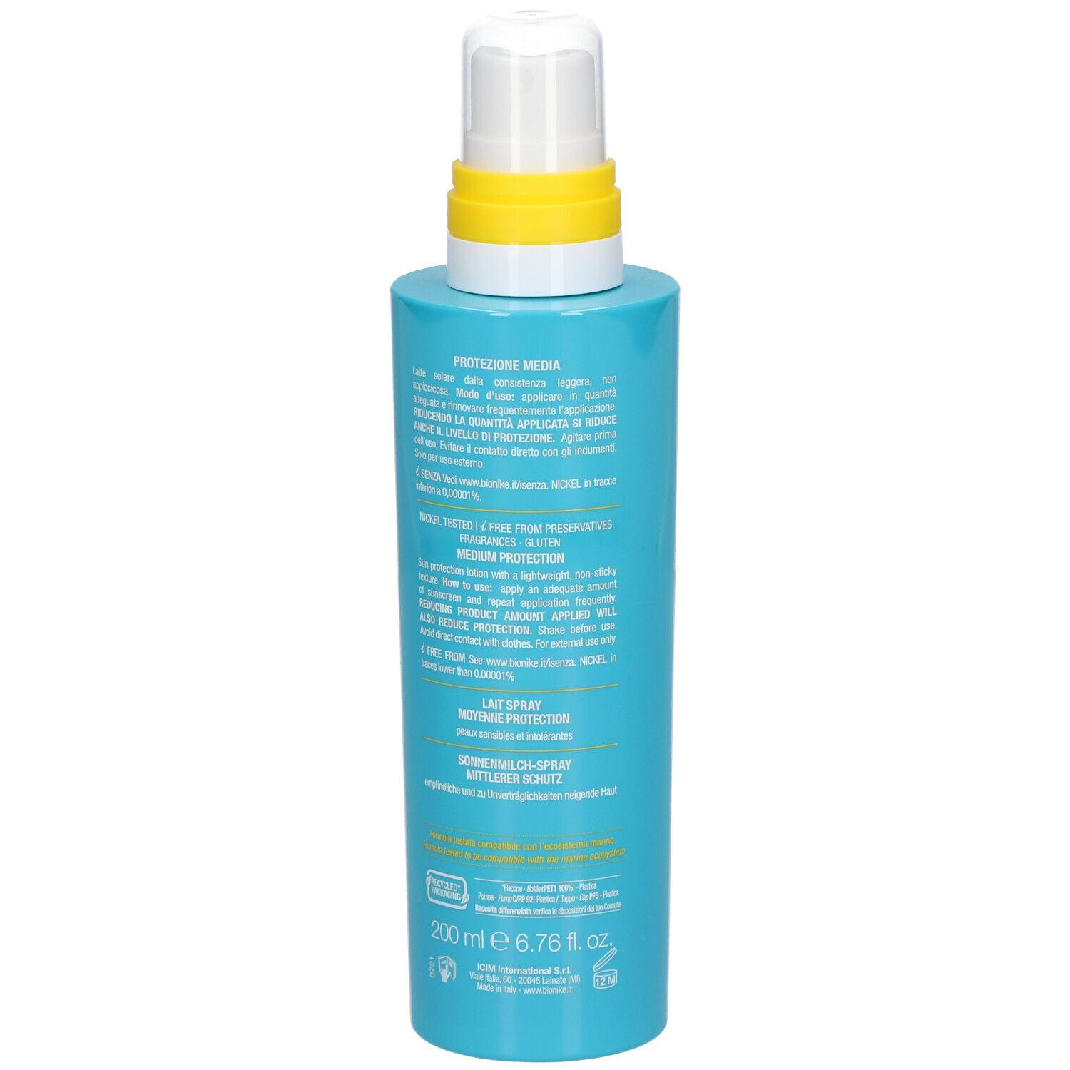 Dos d'un flacon spray turquoise. Texte multilingue. Inscription : 200 ml e 6.76 fl. oz.