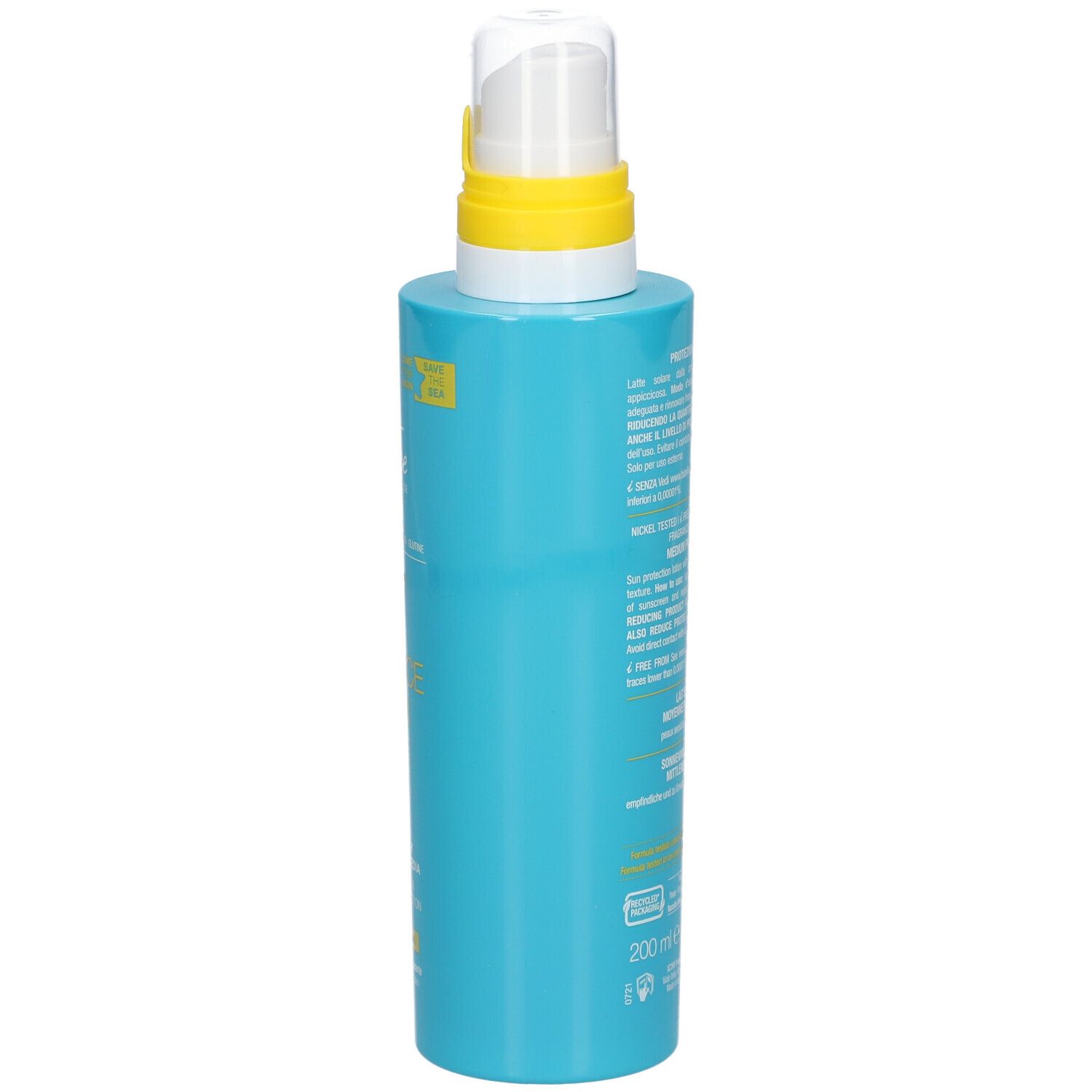 Dos d'un flacon spray turquoise. Texte multilingue. Inscription : 200 ml.