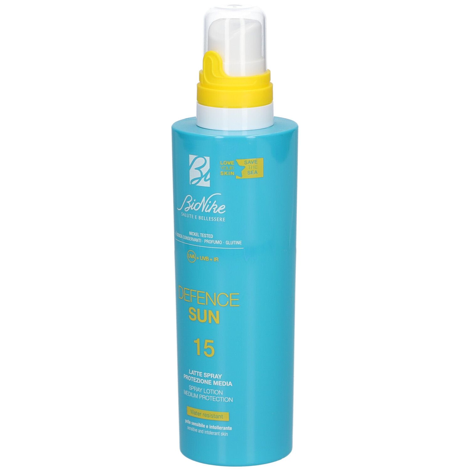 Flacon spray bleu turquoise avec tête jaune. Inscription : Defence Sun 15, Latte Spray, protection SPF 15.