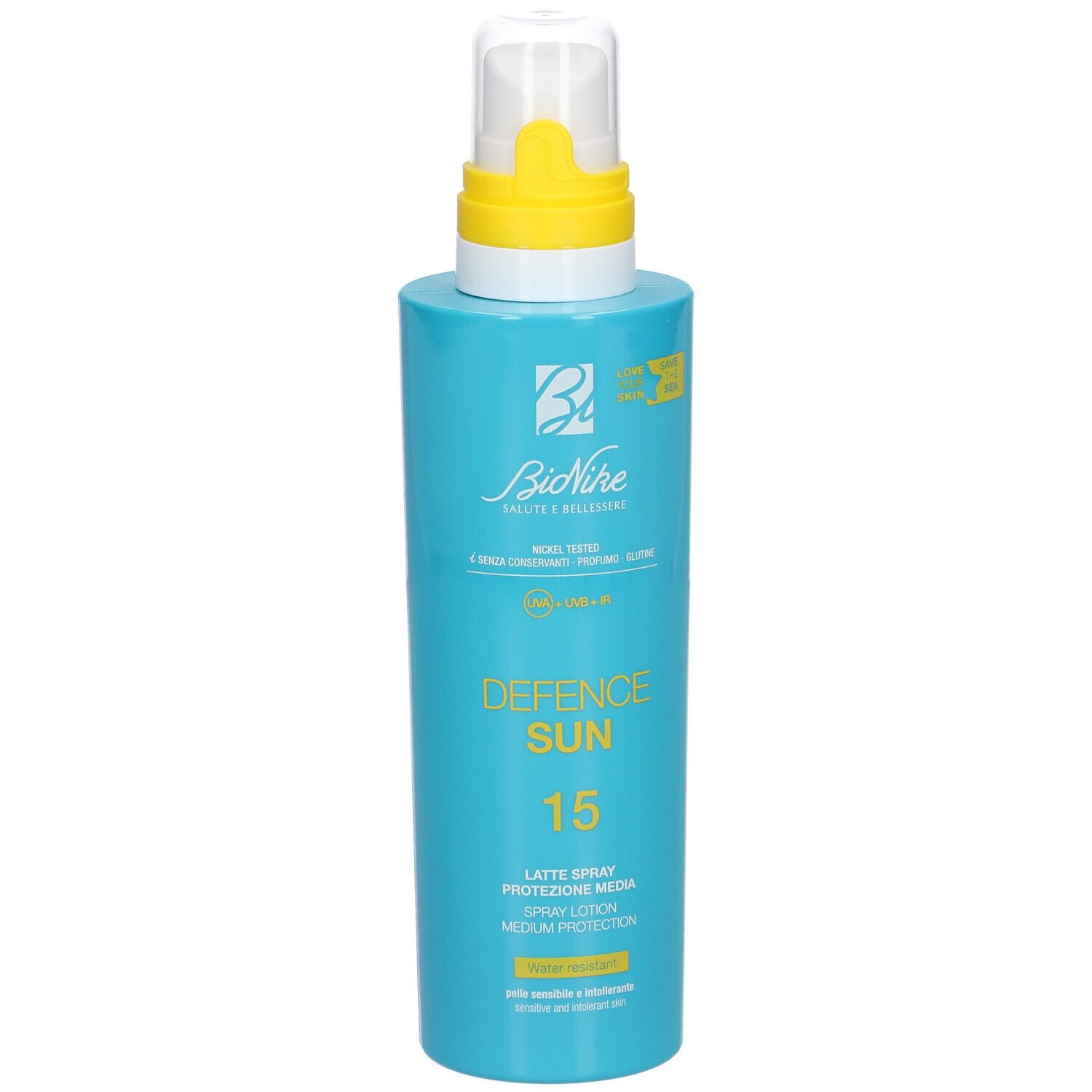 Flacon spray bleu turquoise avec tête jaune. Inscription : Defence Sun 15, Latte Spray, protection SPF 15.