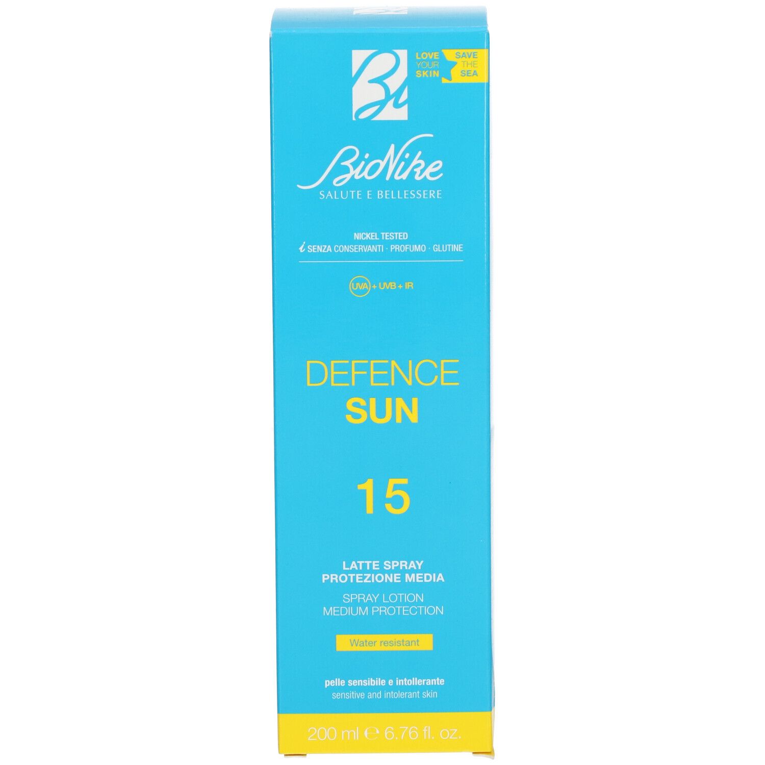 Boîte avec inscription : Defence Sun 15, Latte Spray, protection SPF 15. 200 ml.