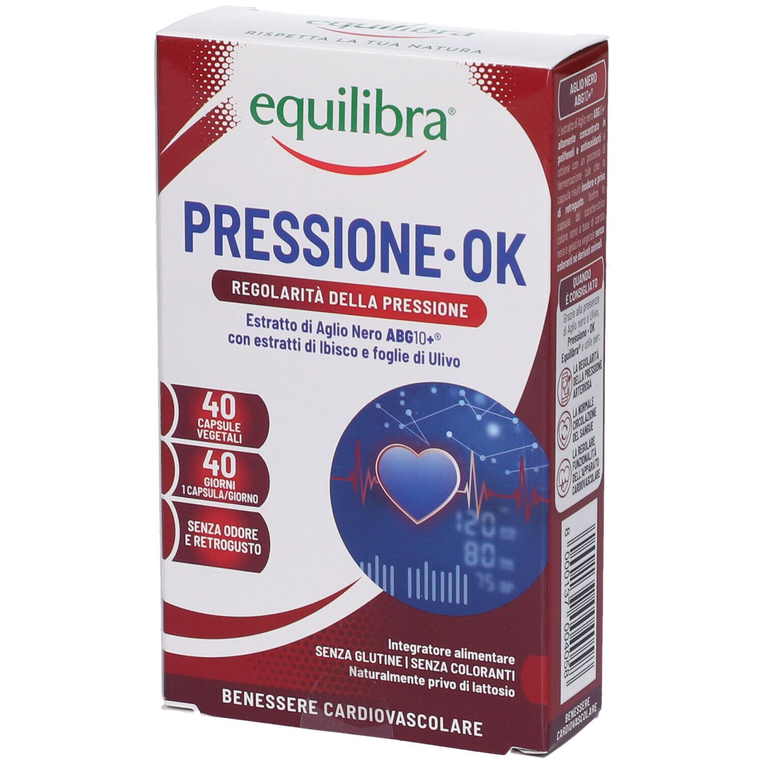 Verpackung von Equilibra® Druck OK. Rote und weiße Schachtel mit Produktnamen und Inhaltsangaben. Herz-Grafik.