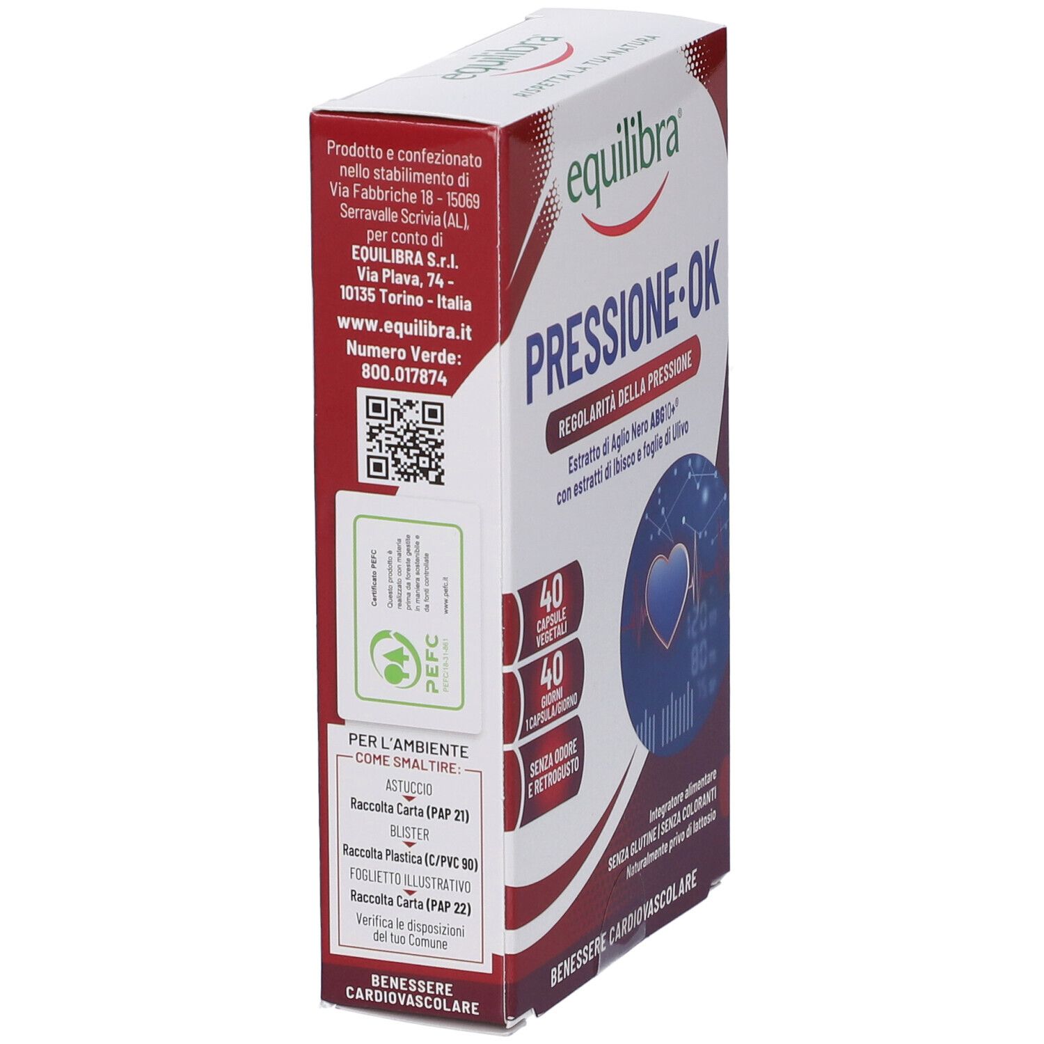Seitenansicht der Verpackung von Equilibra® Druck OK. Text und QR-Code. PEFC-Logo.