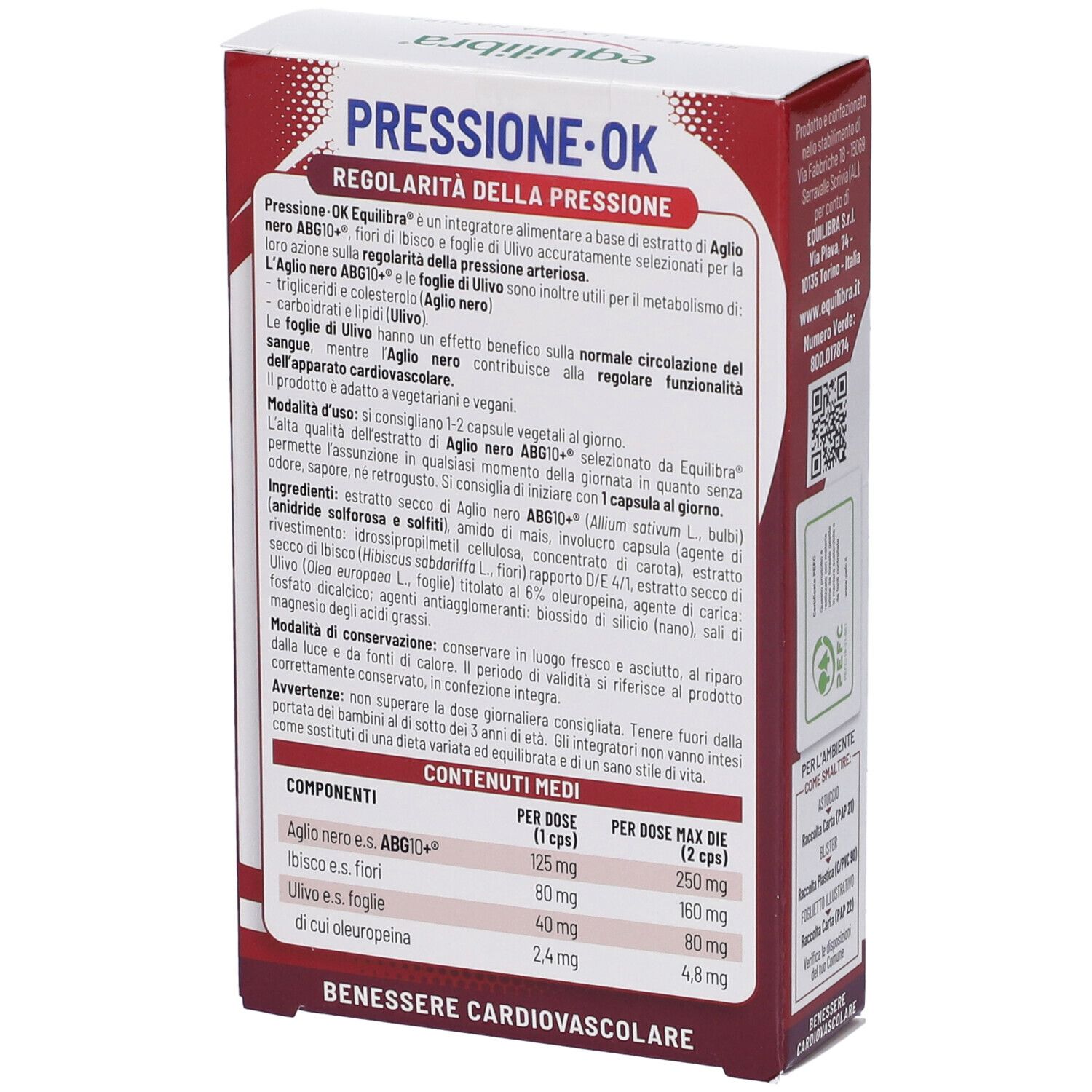 Rückseite der Verpackung von Equilibra® Druck OK. Text mit Inhaltsstoffen und Nährwertangaben. Tabellen.