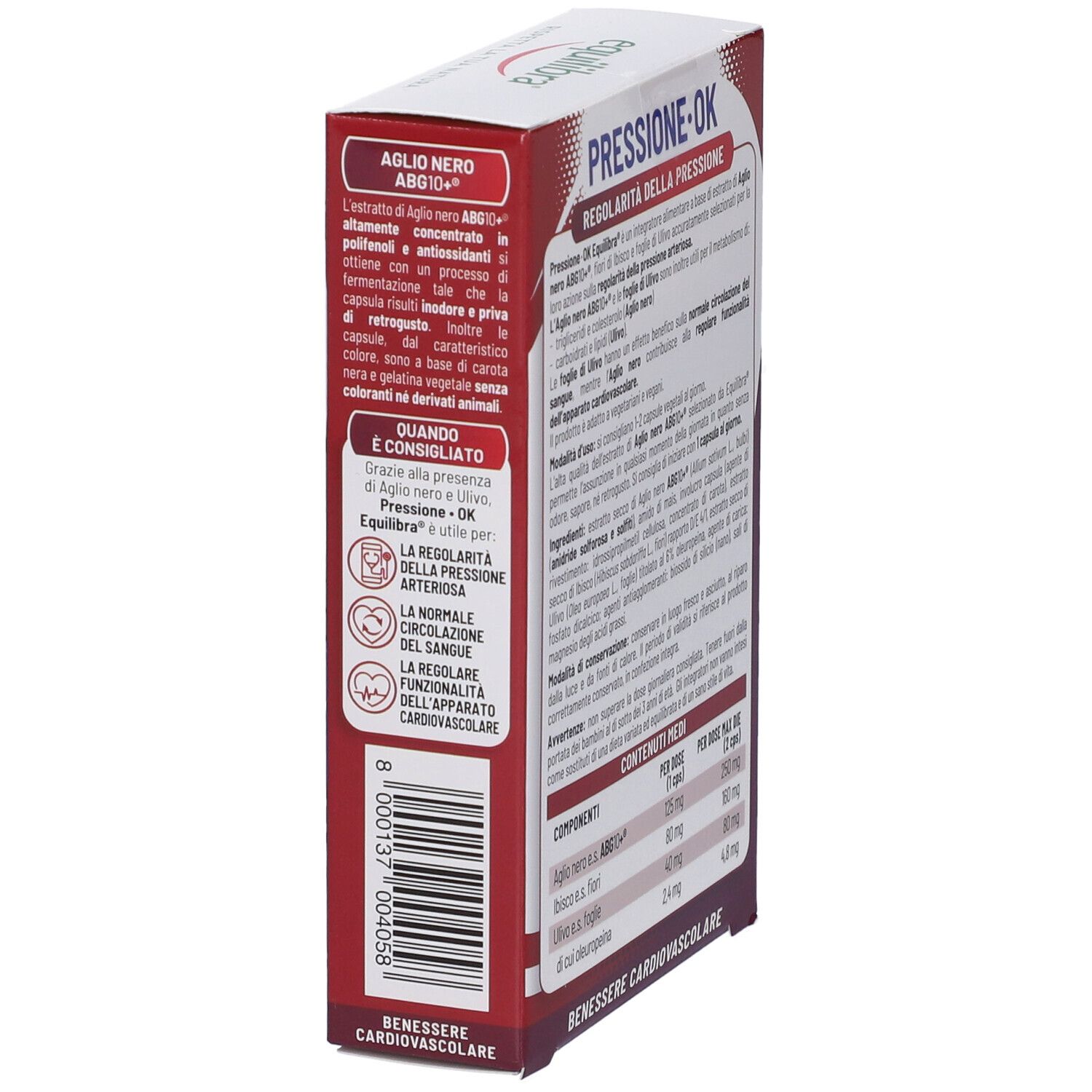 Seitenansicht der Verpackung von Equilibra® Druck OK. Text mit Inhaltsstoffen und Nährwertangaben. Tabellen.