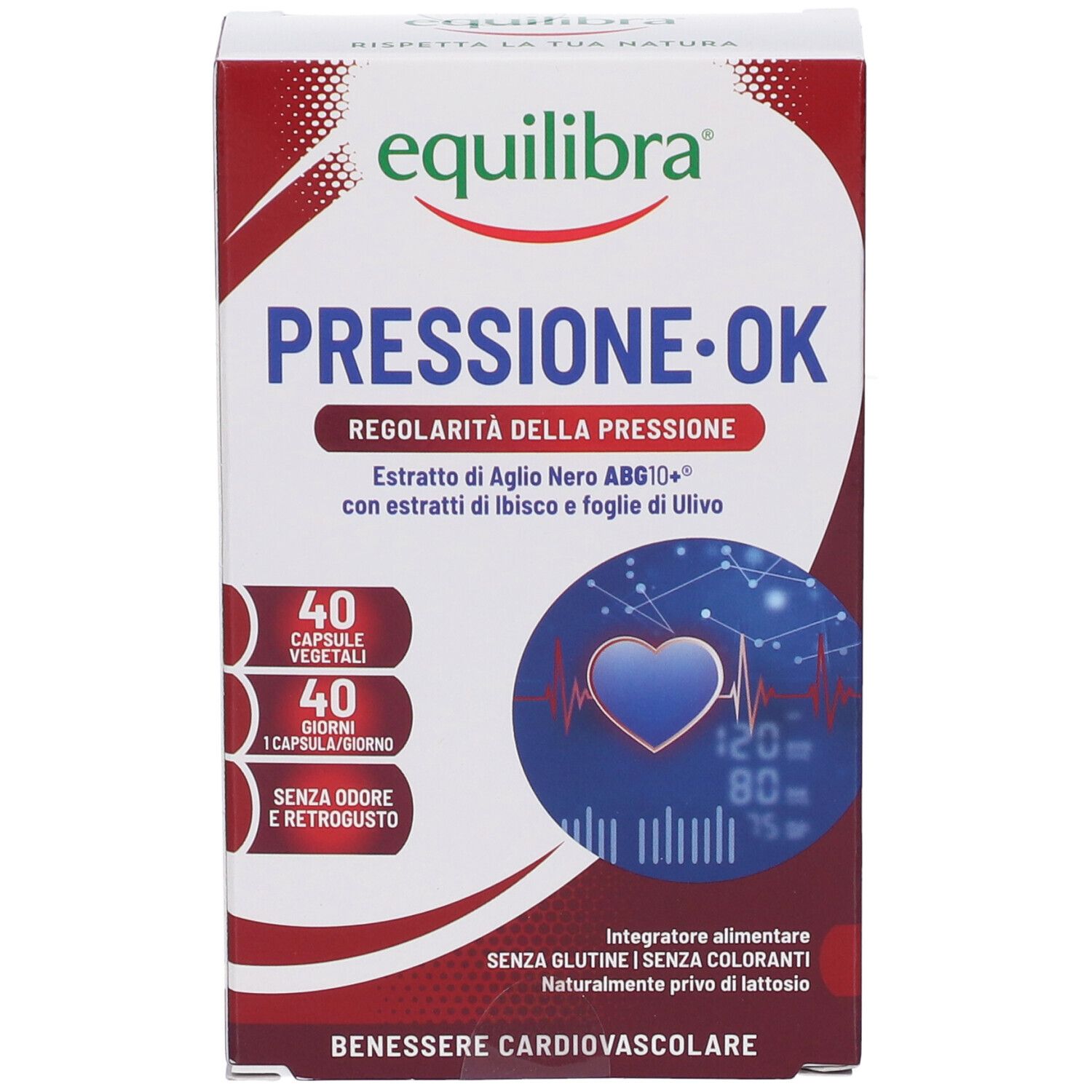 Verpackung von Equilibra® Druck OK. Rote und weiße Schachtel mit Produktnamen und Inhaltsangaben. Herz-Grafik.