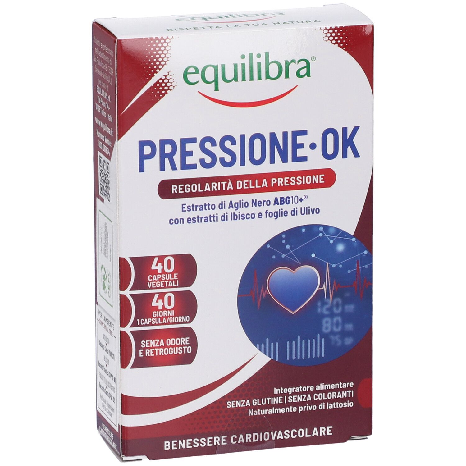Verpackung von Equilibra® Druck OK. Rote und weiße Schachtel mit Produktnamen und Inhaltsangaben. Herz-Grafik.