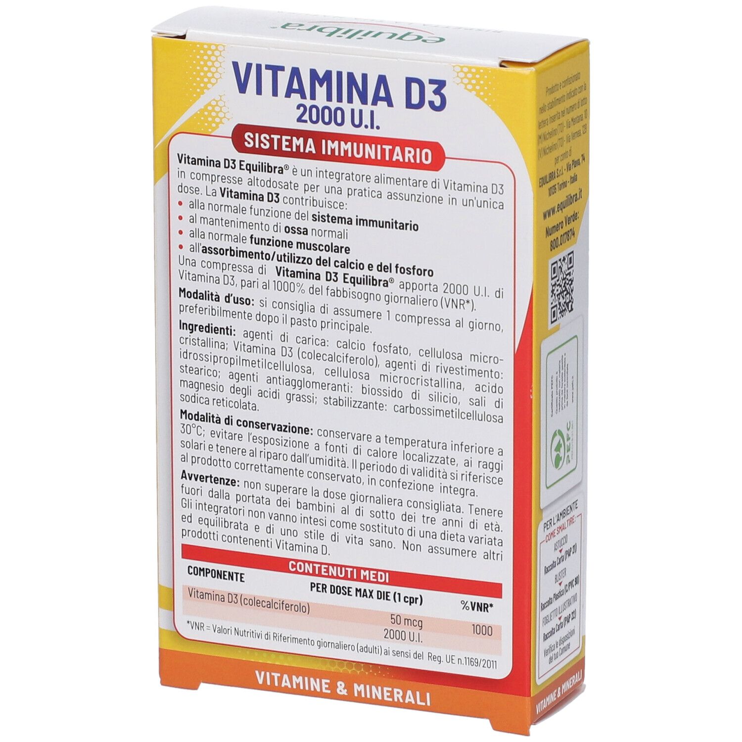 Dos de l'emballage Equilibra Vitamine D3. Informations textuelles sur le produit, ingrédients et informations nutritionnelles.