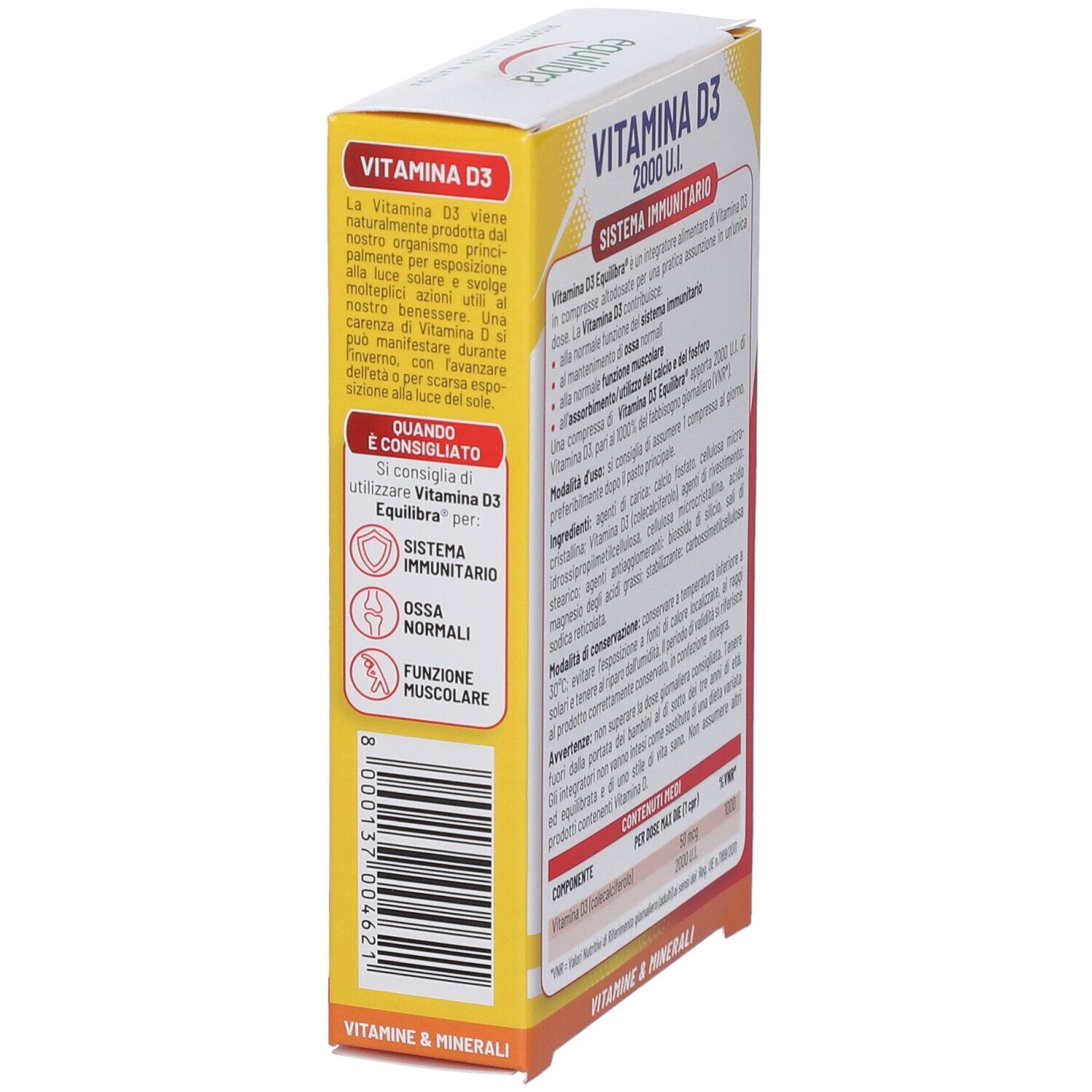 Vue latérale de l'emballage Equilibra Vitamine D3. Informations textuelles et illustrations mettant en avant les bénéfices du produit.