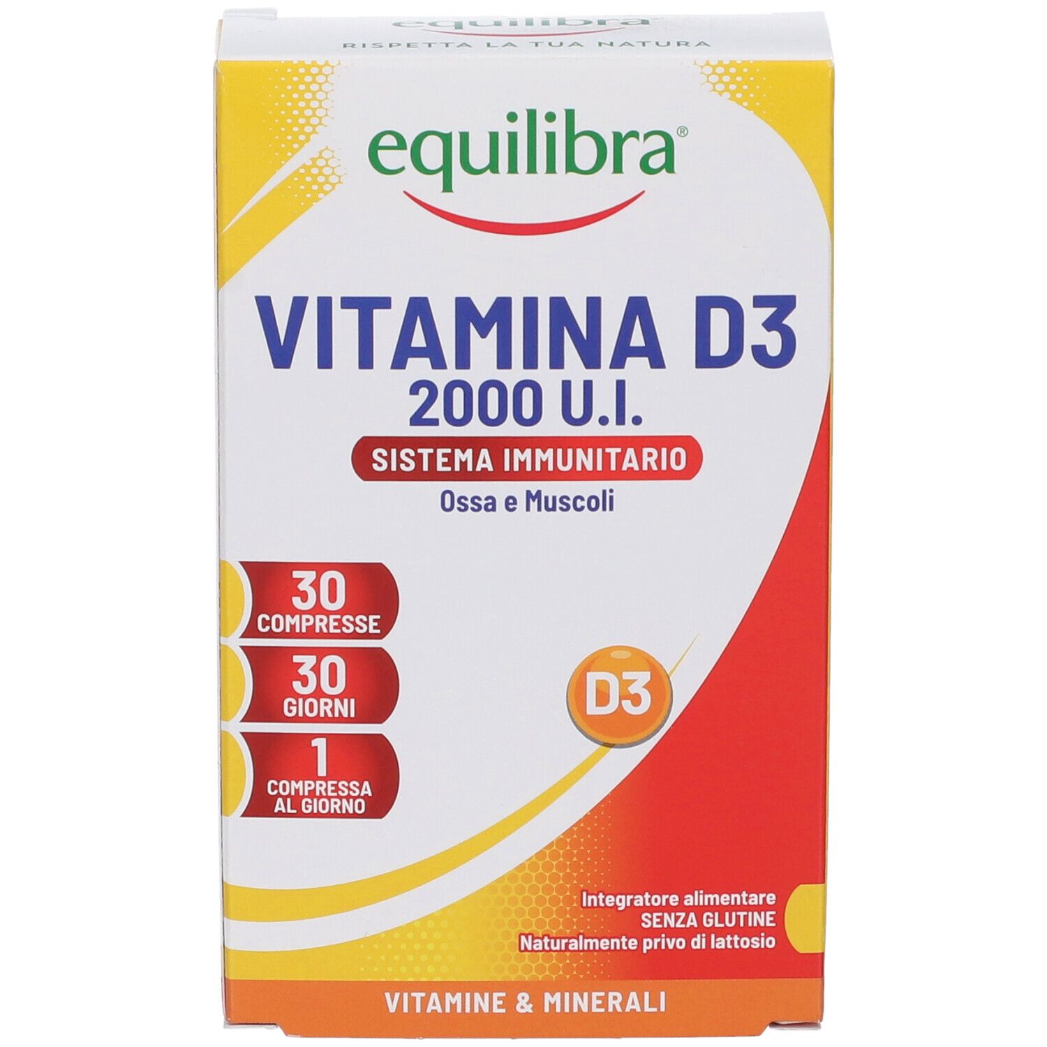 Vue de face de l'emballage Equilibra Vitamine D3. Inscription : Vitamine D3 2000 U.I., 30 comprimés, 30 jours, 1 comprimé par jour.