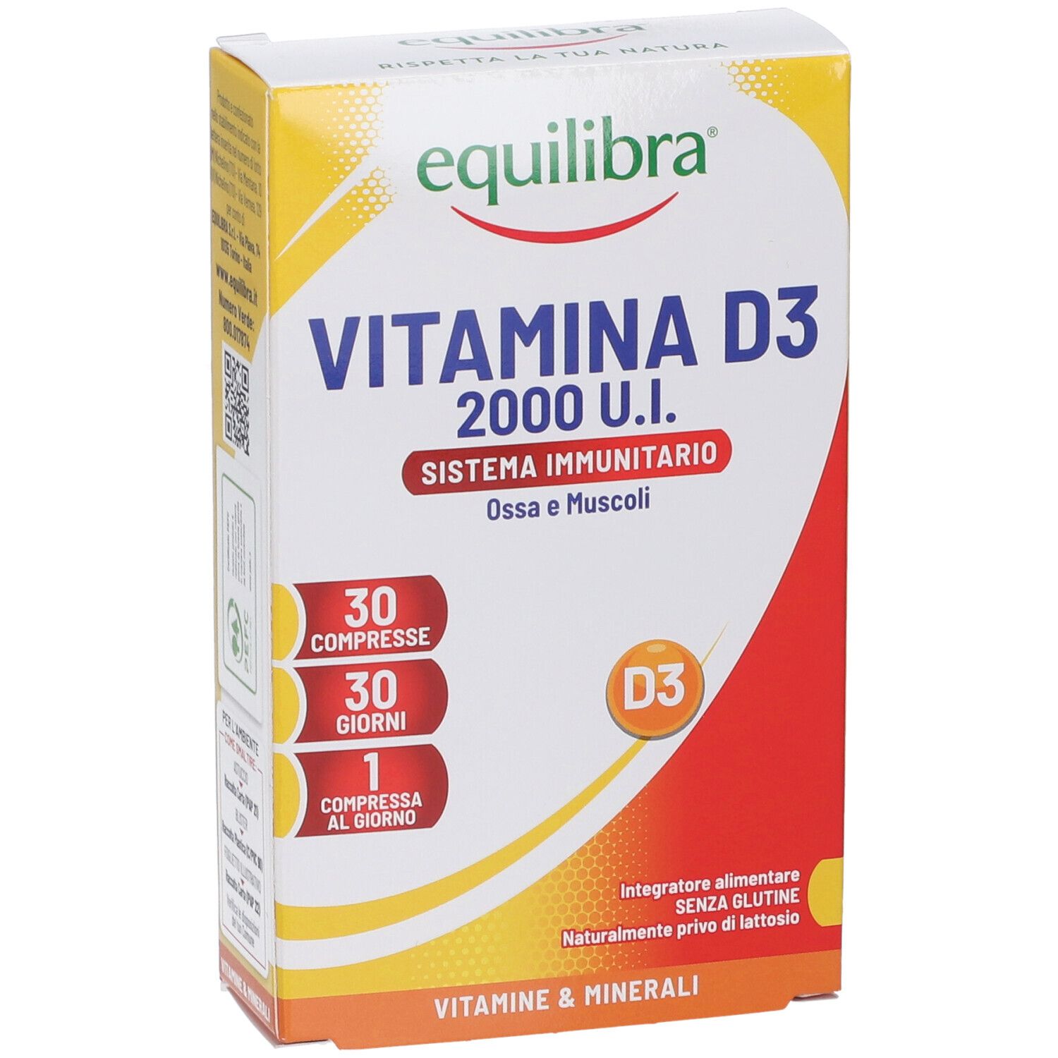 Vue de face de l'emballage Equilibra Vitamine D3. Inscription : Vitamine D3 2000 U.I., 30 comprimés, 30 jours, 1 comprimé par jour.