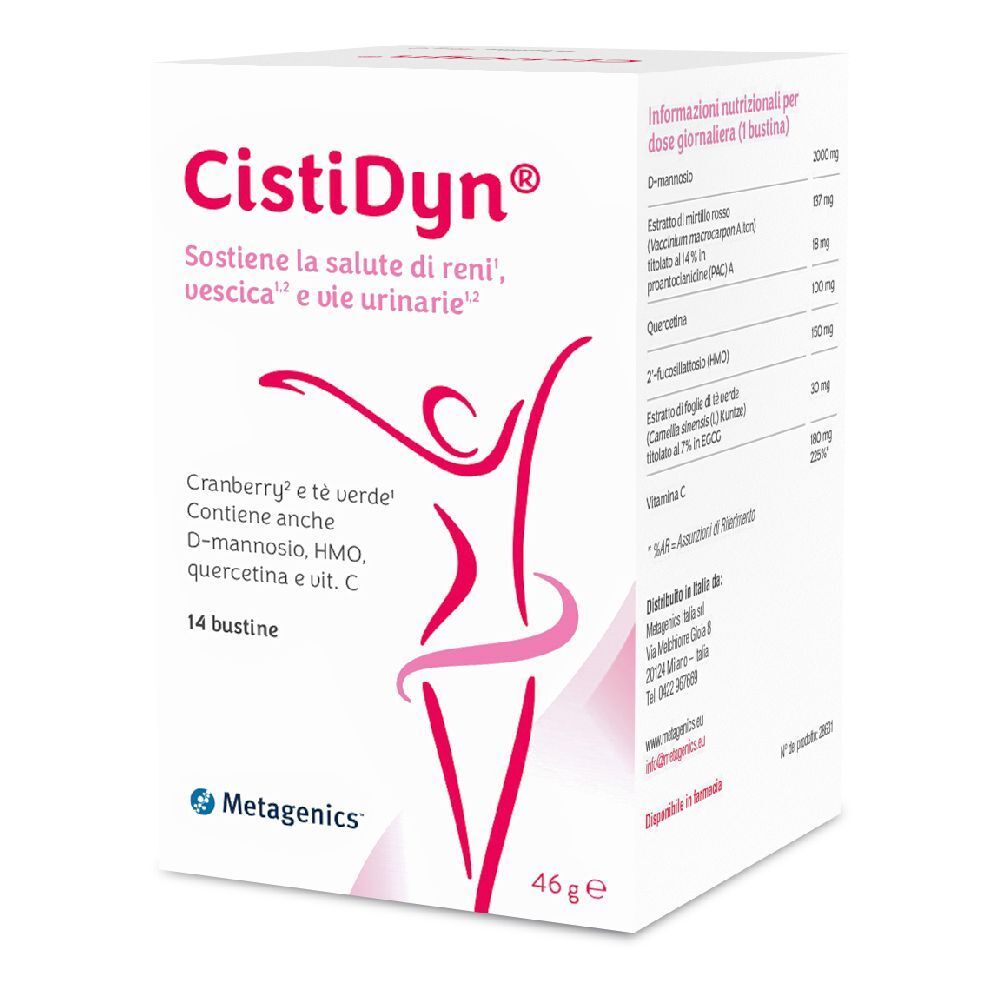 Karton mit Produktnamen CistiDyn®. Enthält 14 Beutel. Aufschrift: Unterstützt die Gesundheit von Nieren, Blase und Harnwegen.