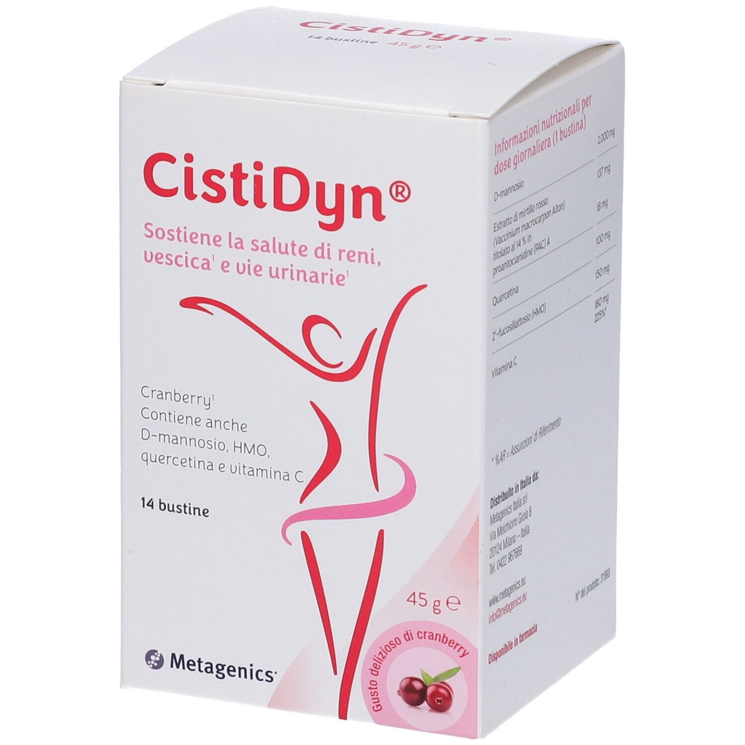 Karton CistiDyn® mit 14 Beuteln. Enthält Cranberry. Aufschrift: Unterstützt die Gesundheit von Nieren, Blase und Harnwegen. 45g.