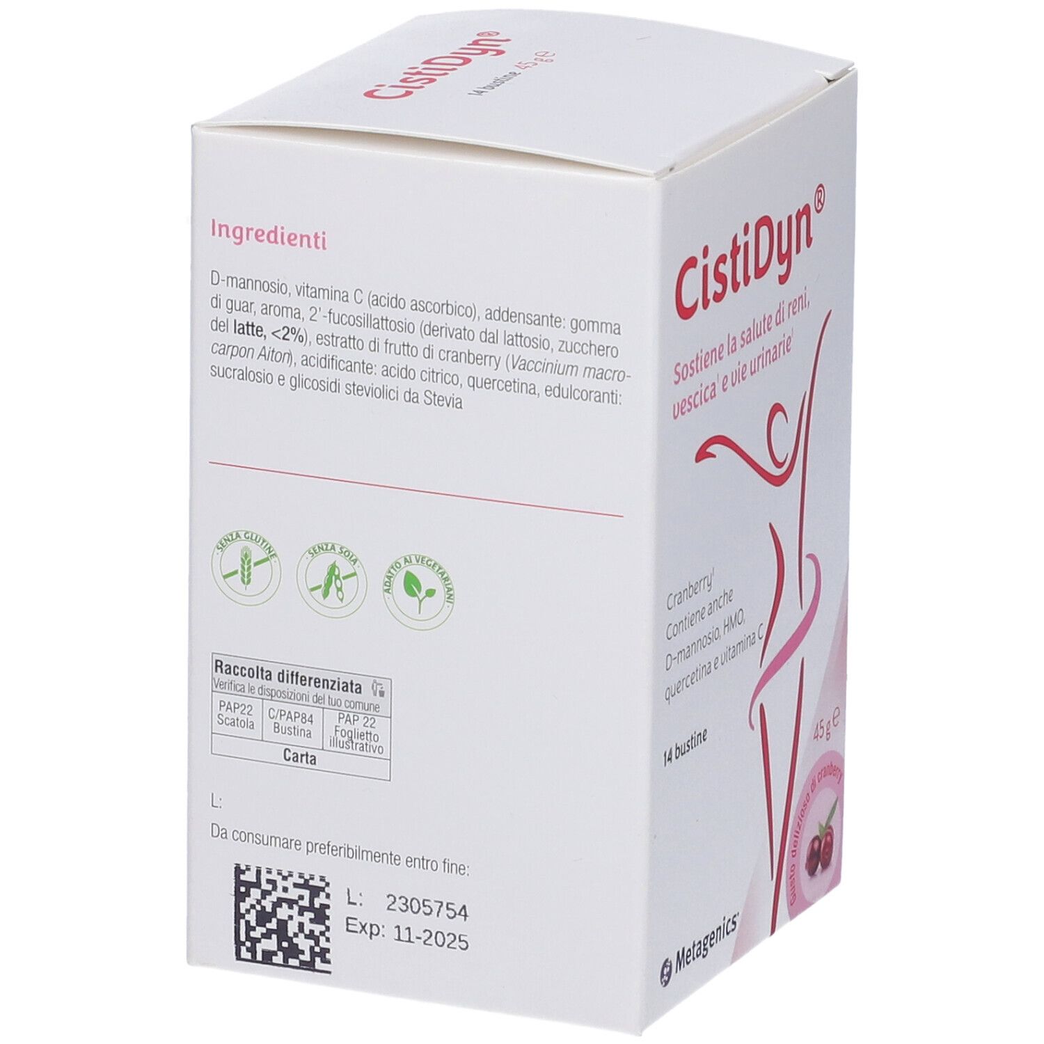 Rückseite der CistiDyn®-Verpackung. Enthält Zutatenliste, Recycling-Informationen und Verfallsdatum. 14 Beutel.