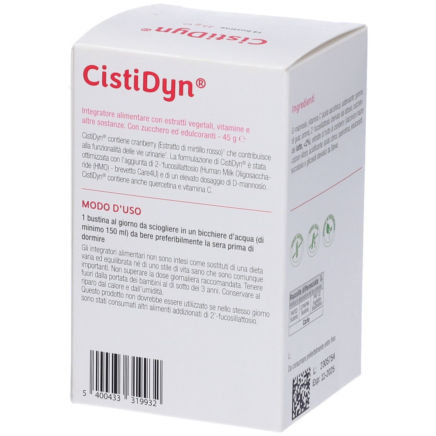 Seite der CistiDyn®-Verpackung. Enthält Anweisungen zur Anwendung und Nährwertangaben. Mit Zucker und Süßstoffen.