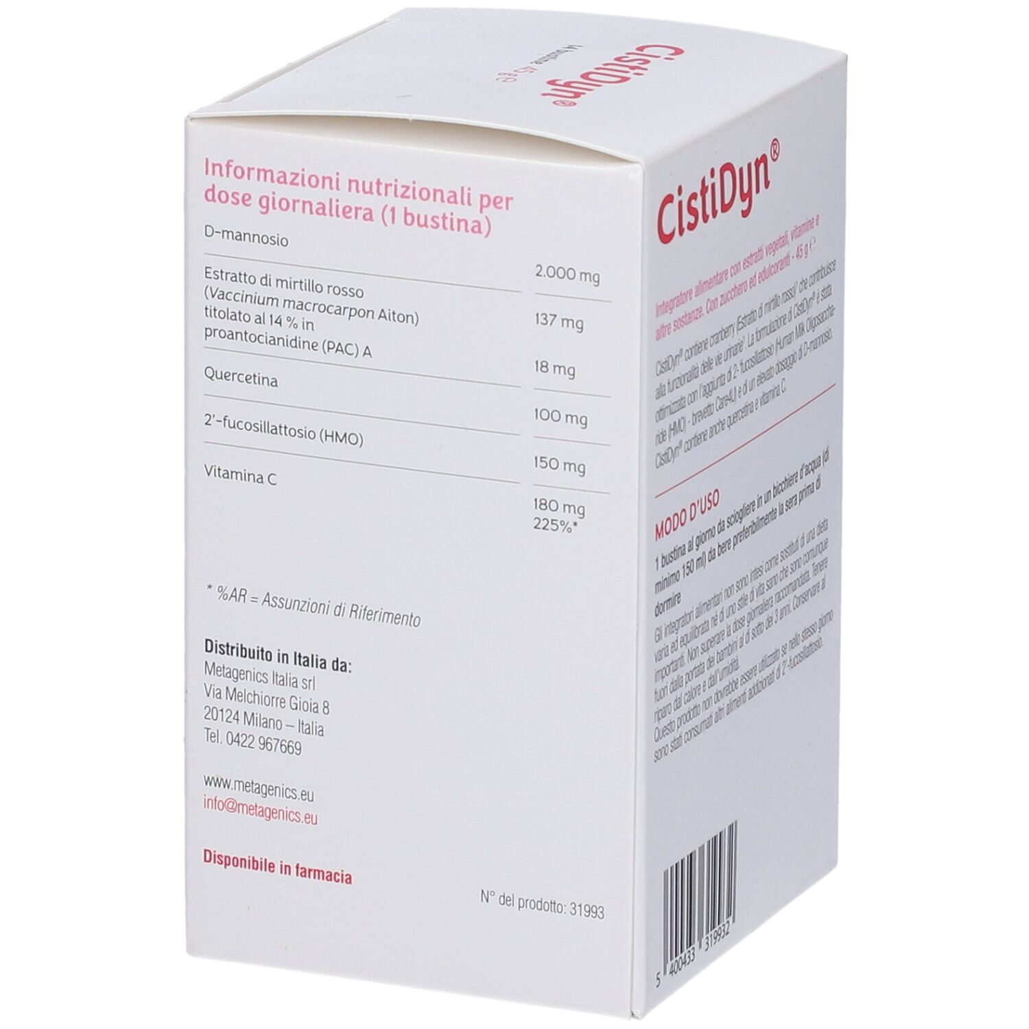 Seite der CistiDyn®-Verpackung. Enthält Nährwertangaben pro Tagesdosis. Mit D-Mannose, Cranberry-Extrakt und Vitamin C.