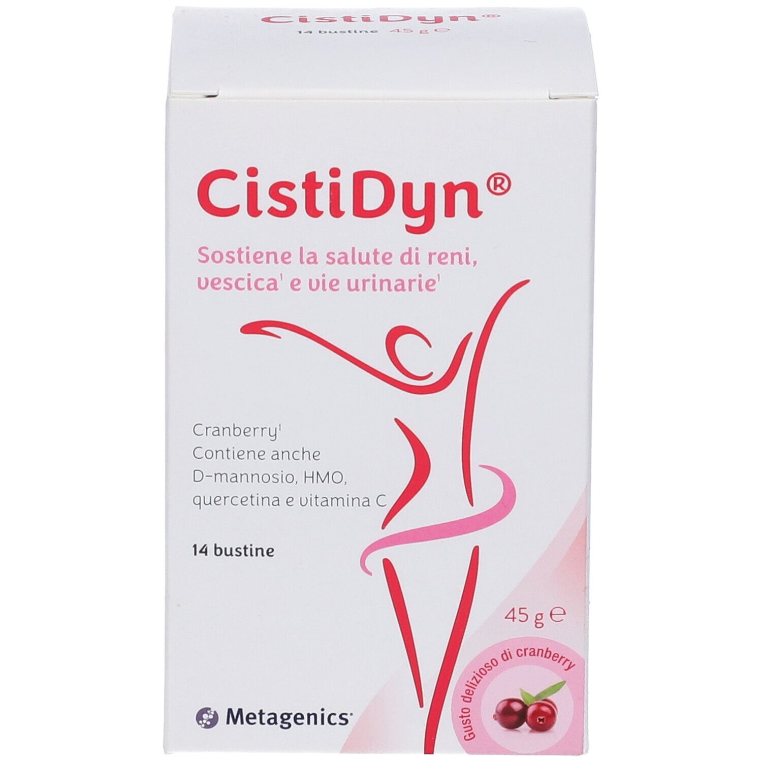 Karton CistiDyn® mit 14 Beuteln. Enthält Cranberry. Aufschrift: Unterstützt die Gesundheit von Nieren, Blase und Harnwegen. 45g.