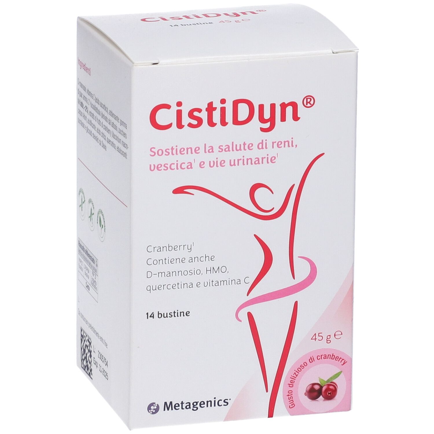 Karton CistiDyn® mit 14 Beuteln. Aufschrift: Unterstützt die Gesundheit von Nieren, Blase und Harnwegen. 45g.