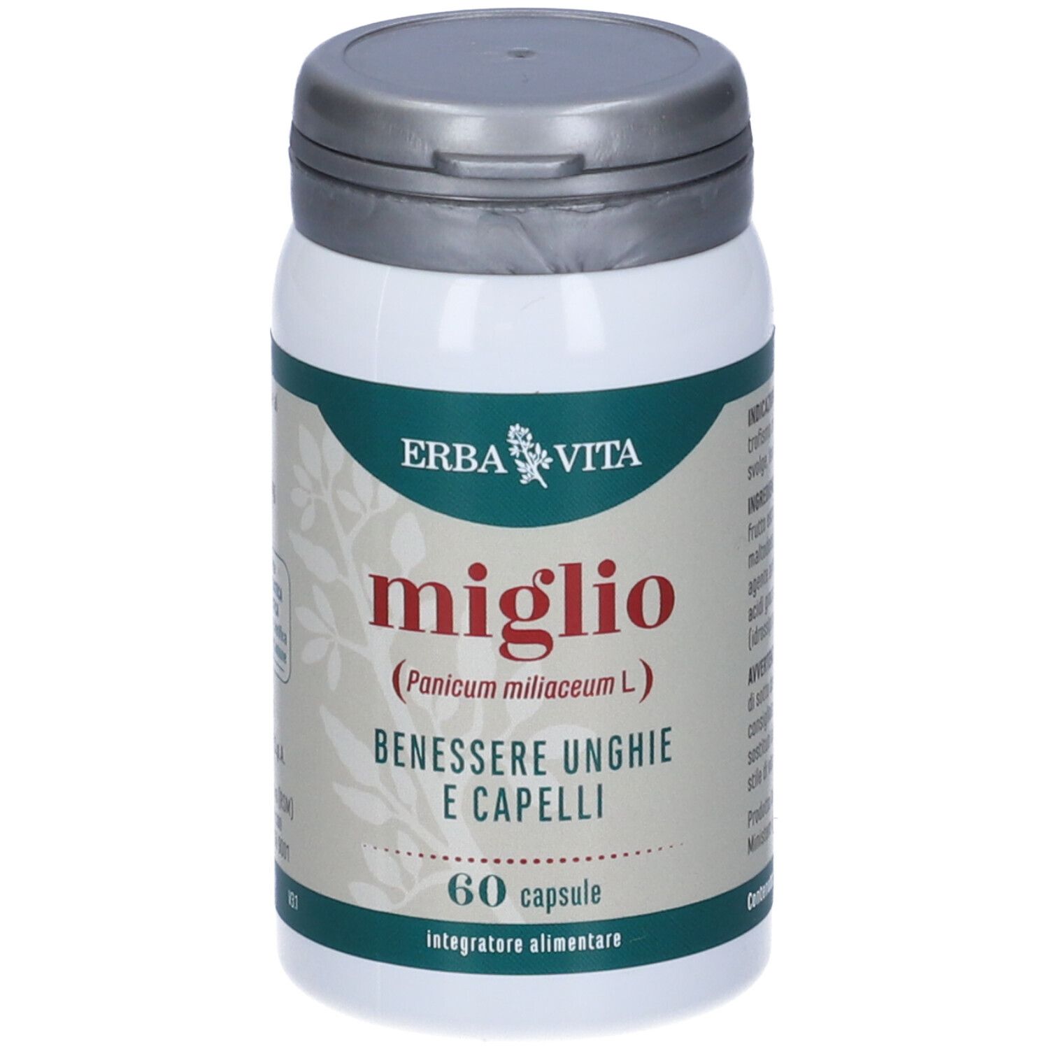 Flacon blanc avec couvercle gris. Inscription: Miglio, 60 gélules. Marque: Erba Vita. Étiquette d'informations.