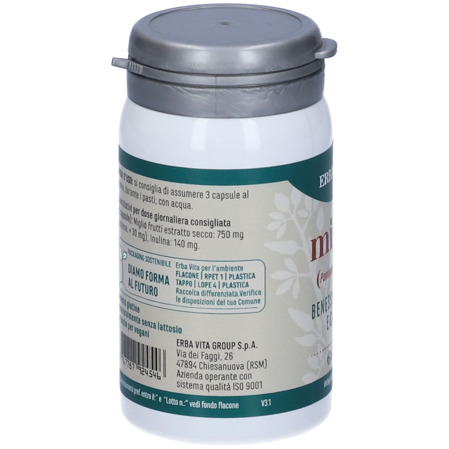 Flacon blanc avec couvercle gris. Dos avec informations produit. Marque: Erba Vita. Texte sur ingrédients et usage.