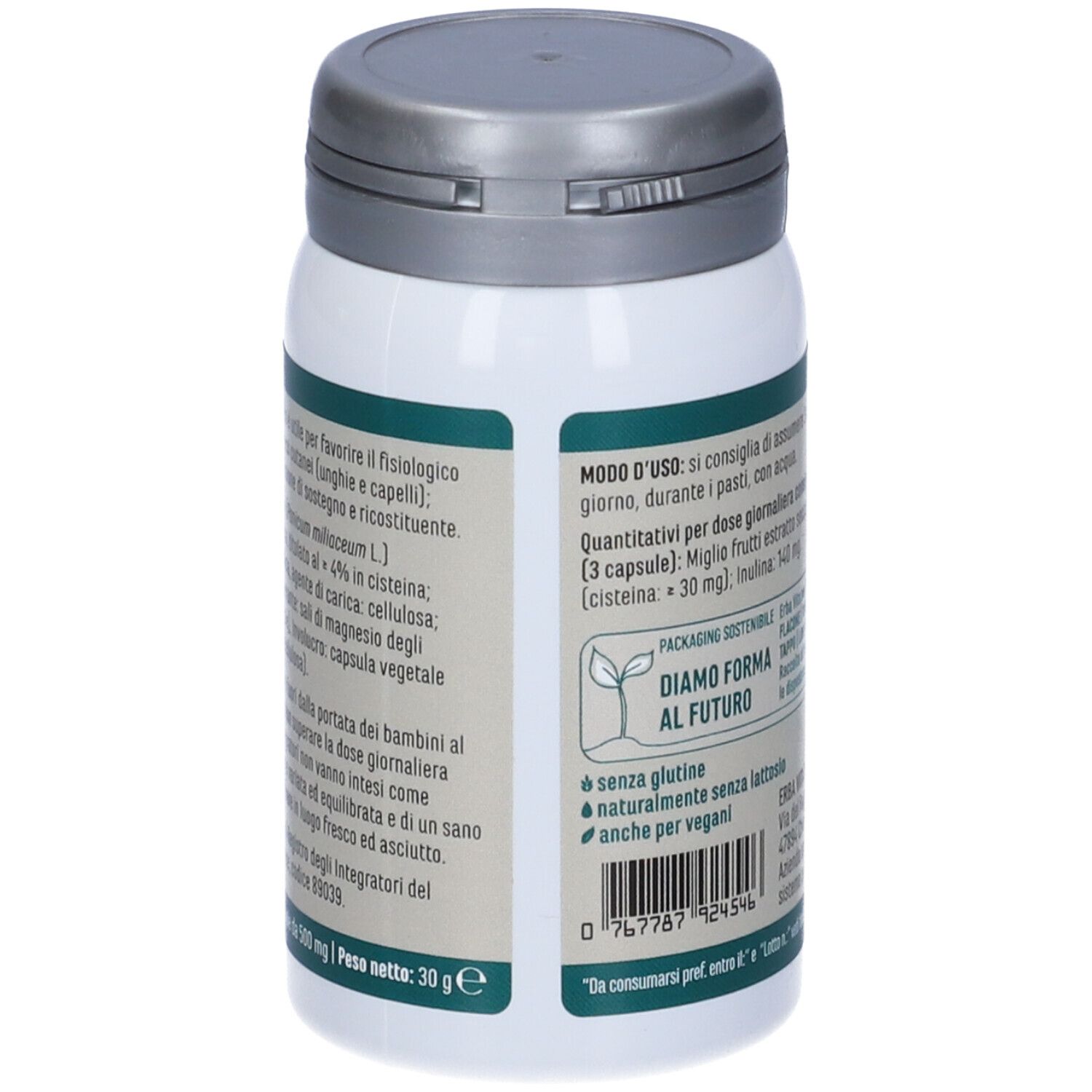 Flacon blanc avec couvercle gris. Côté avec informations produit. Marque: Erba Vita. Texte sur ingrédients et usage.