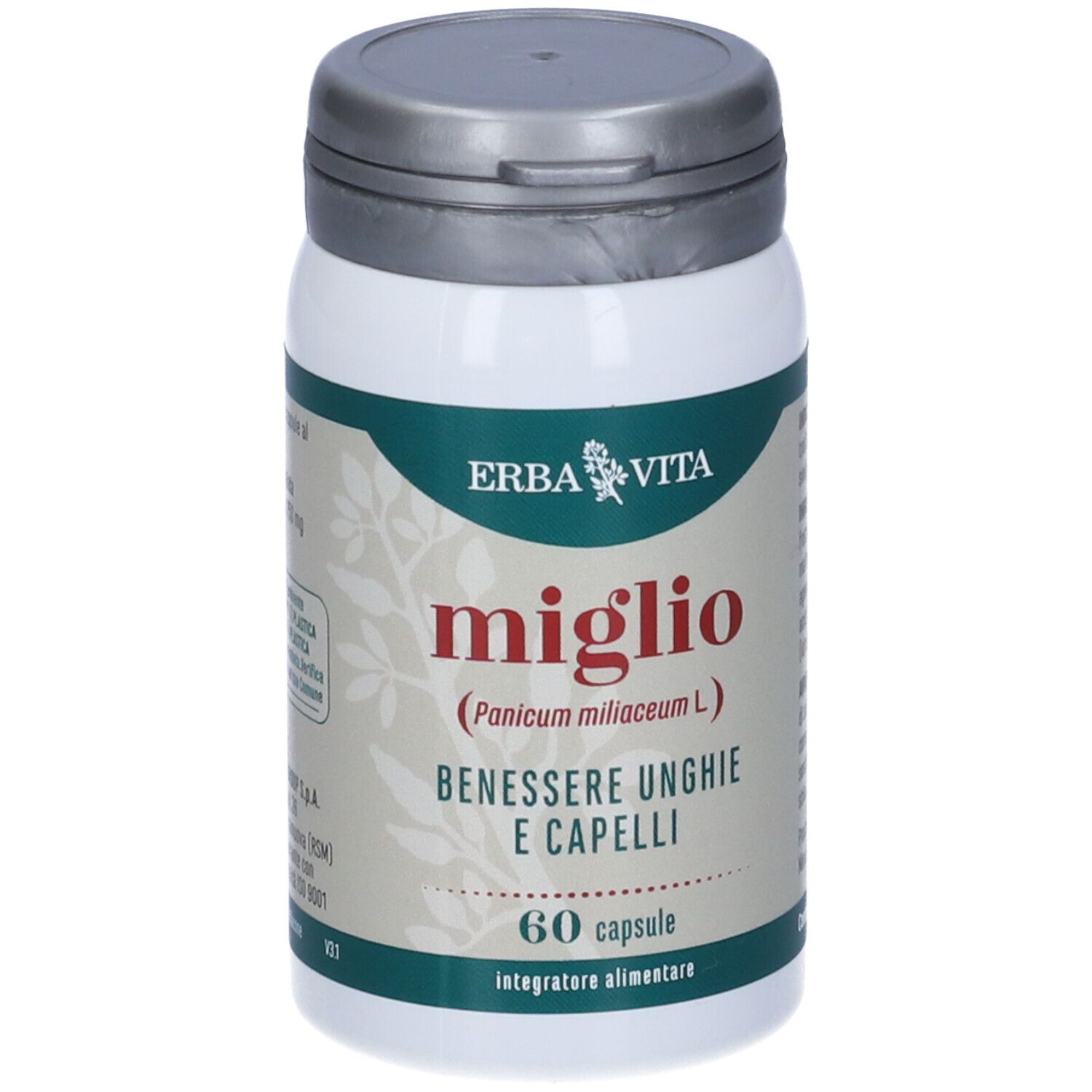 Flacon blanc avec couvercle gris. Inscription: Miglio, 60 gélules. Marque: Erba Vita. Étiquette d'informations.