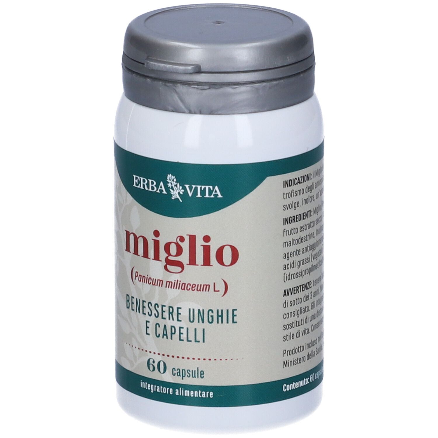 Flacon blanc avec couvercle gris. Inscription: Miglio, 60 gélules. Marque: Erba Vita. Étiquette d'informations.