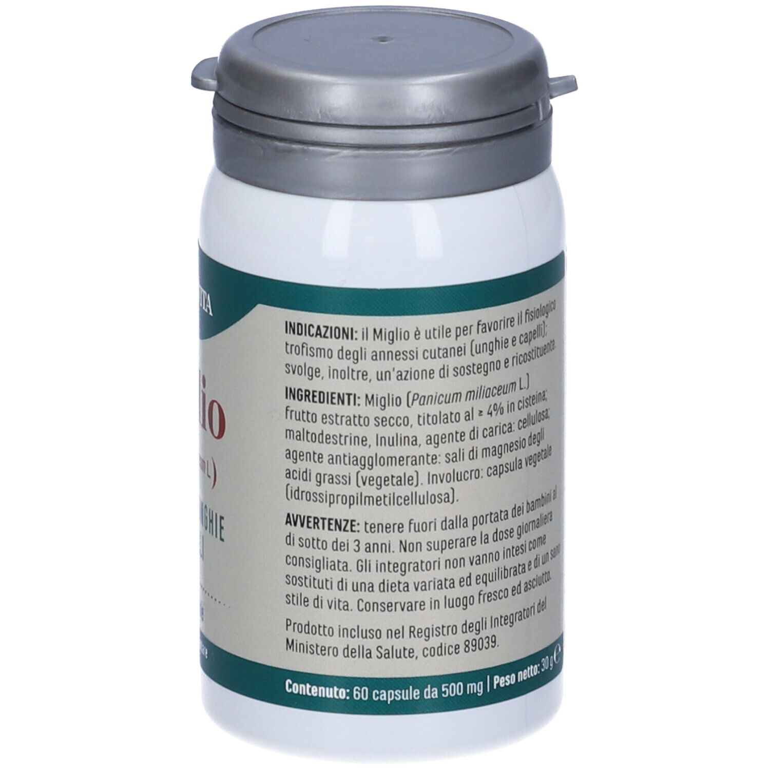 Flacon blanc avec couvercle gris. Inscription: Miglio, 60 gélules. Marque: Erba Vita. Étiquette d'informations.