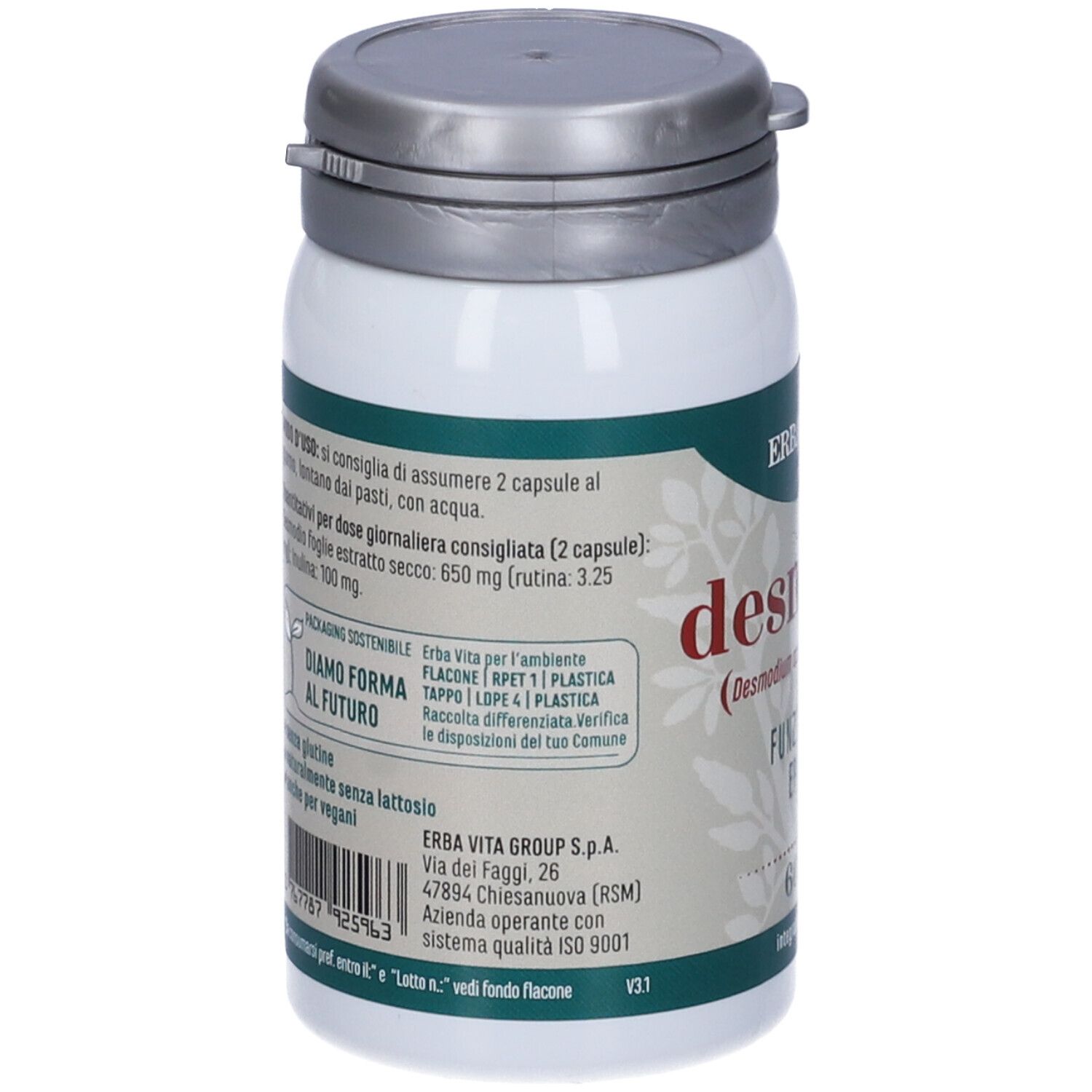 Dos d'un flacon blanc avec couvercle argenté. Texte: desmodio, ingrédients, Erba Vita.