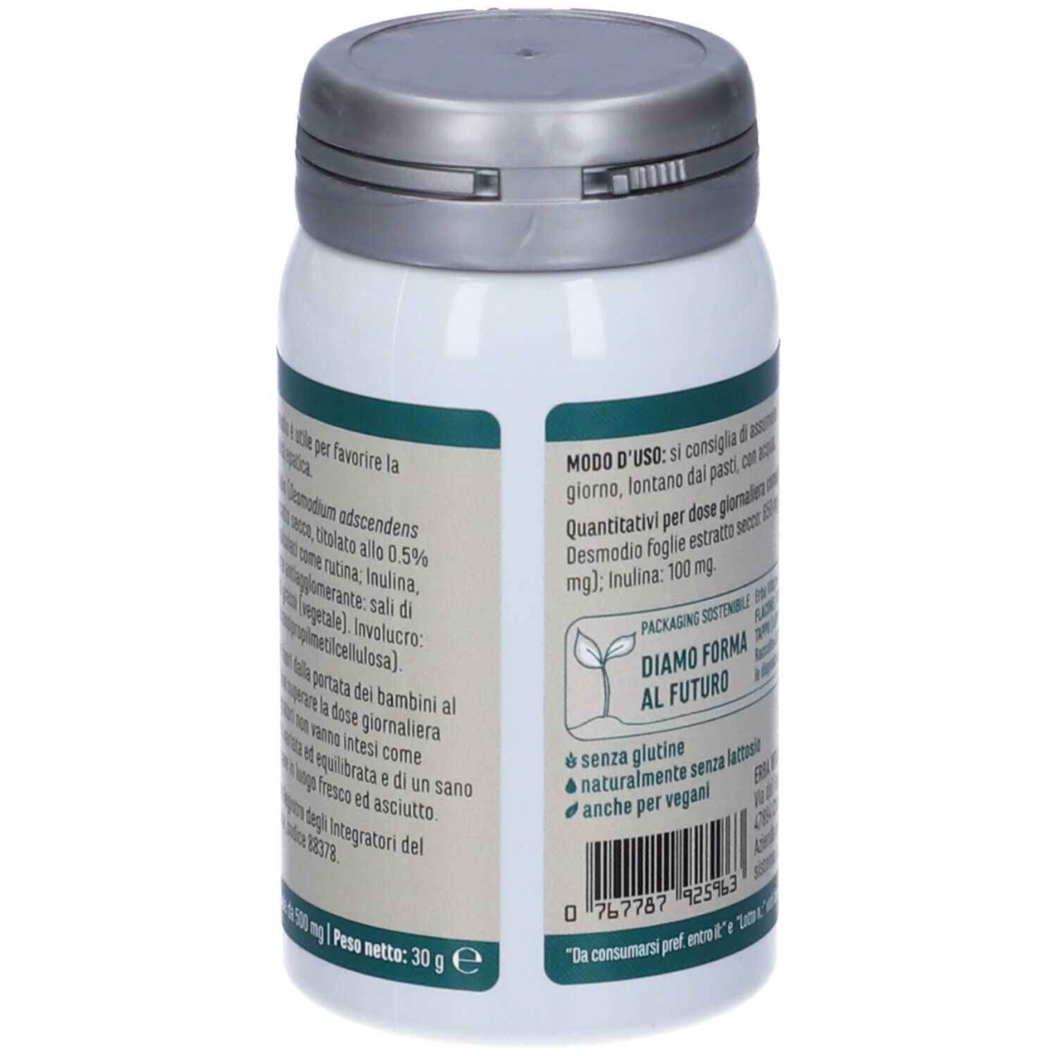 Dos d'un flacon blanc avec couvercle argenté. Texte: desmodio, ingrédients, sans gluten, vegan.