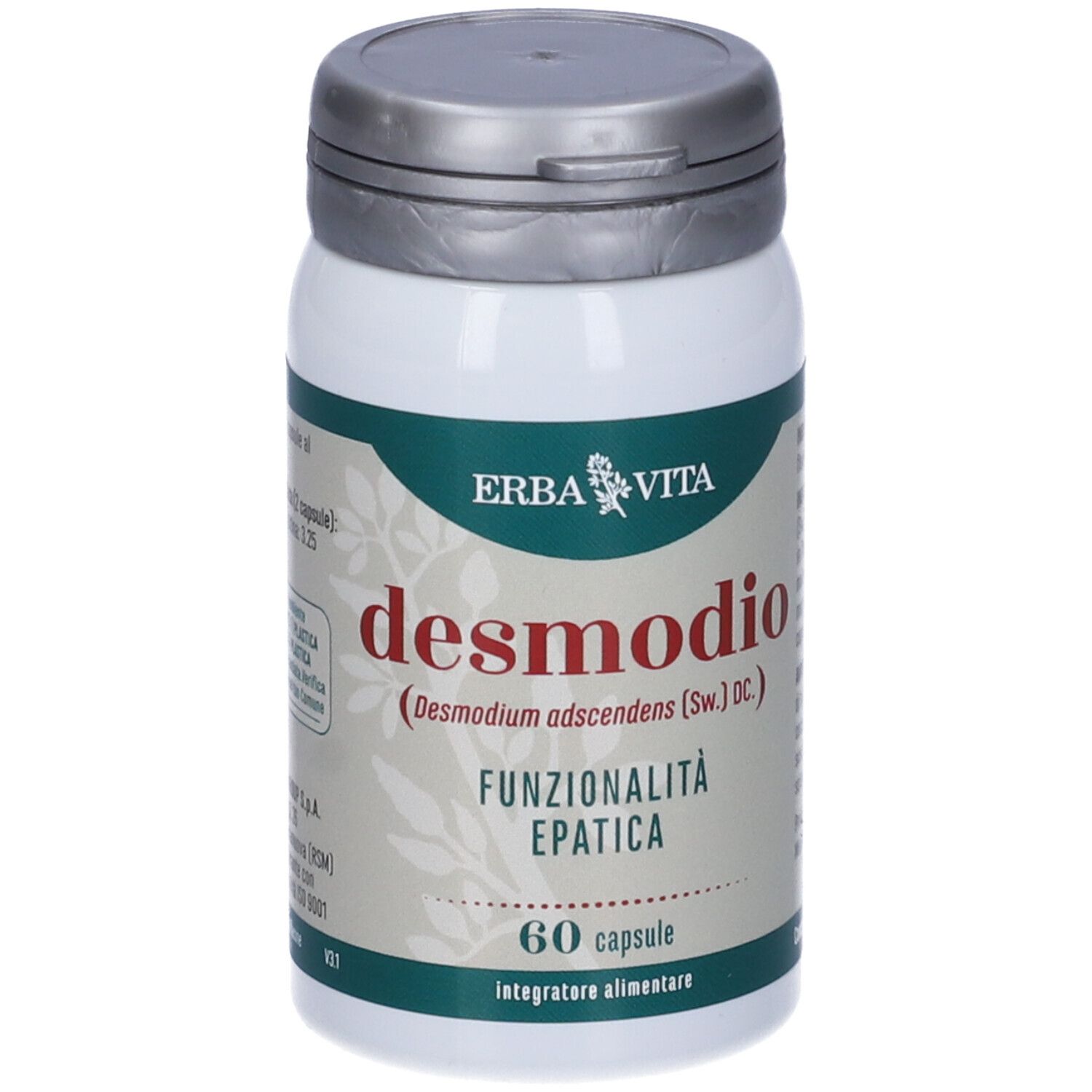 Flacon blanc avec couvercle argenté. Inscription: desmodio, 60 gélules. Marque: Erba Vita.