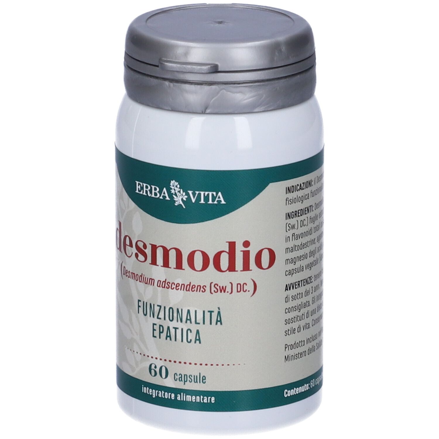 Flacon blanc avec couvercle argenté. Inscription: desmodio, 60 gélules. Marque: Erba Vita.