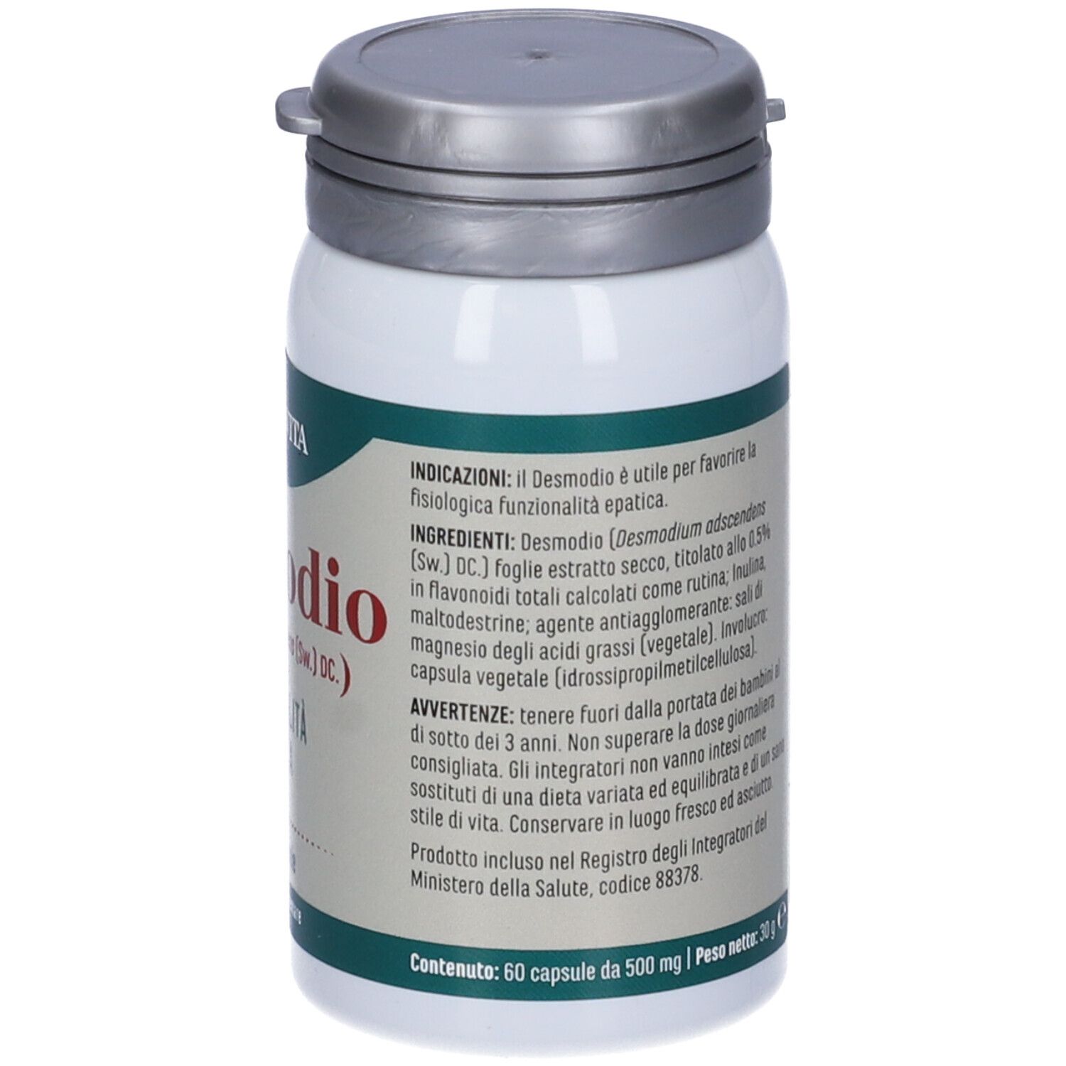 Flacon blanc avec couvercle argenté. Inscription: desmodio, 60 gélules. Marque: Erba Vita. Ingrédients.