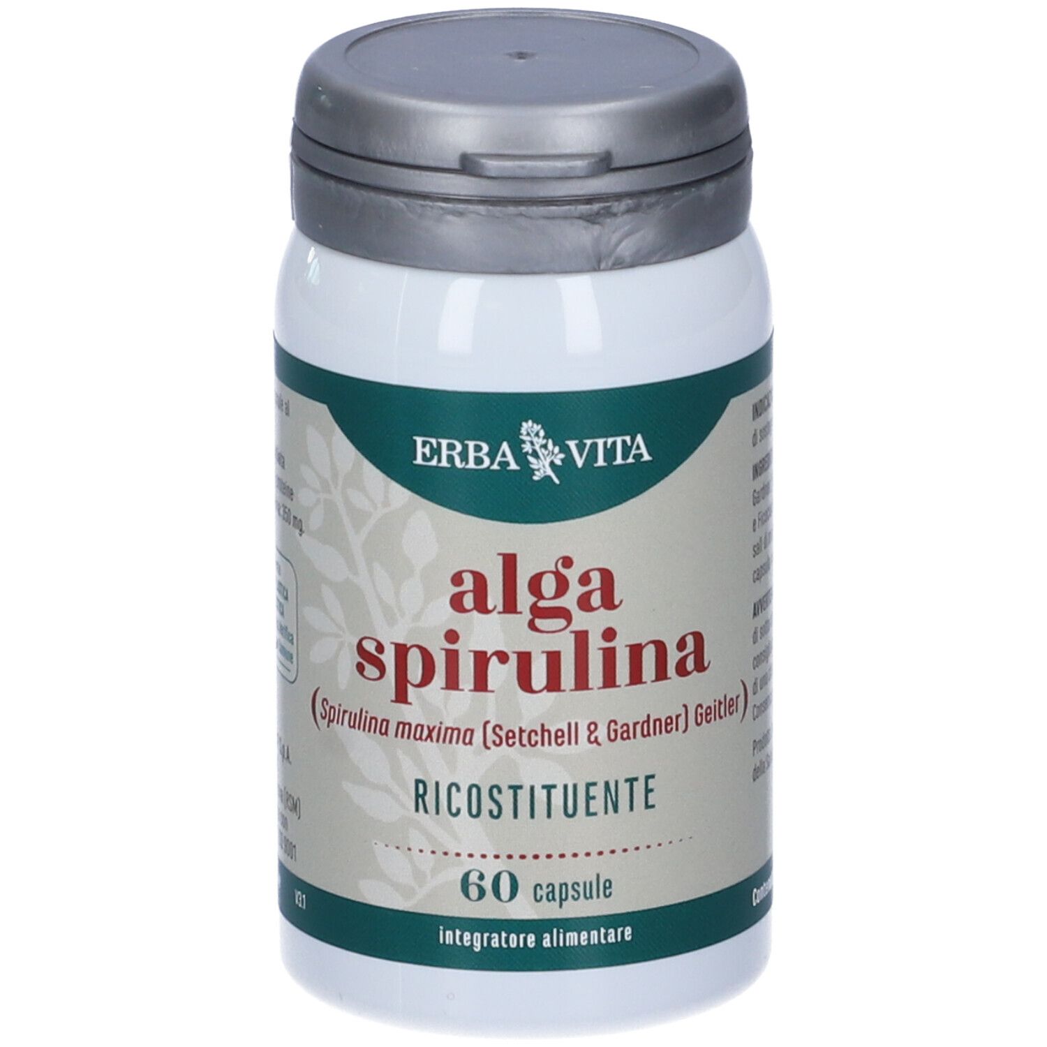 Weißes Nahrungsergänzungsmittel-Behälter mit grauem Deckel. Aufschrift: Erba Vita, Alga Spirulina, 60 Kapseln.