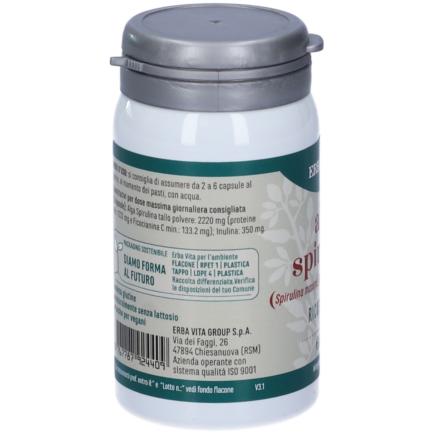 Rückseite einer weißen Flasche mit grauem Deckel. Text: Erba Vita, Alga Spirulina. Informationen zum Produkt.