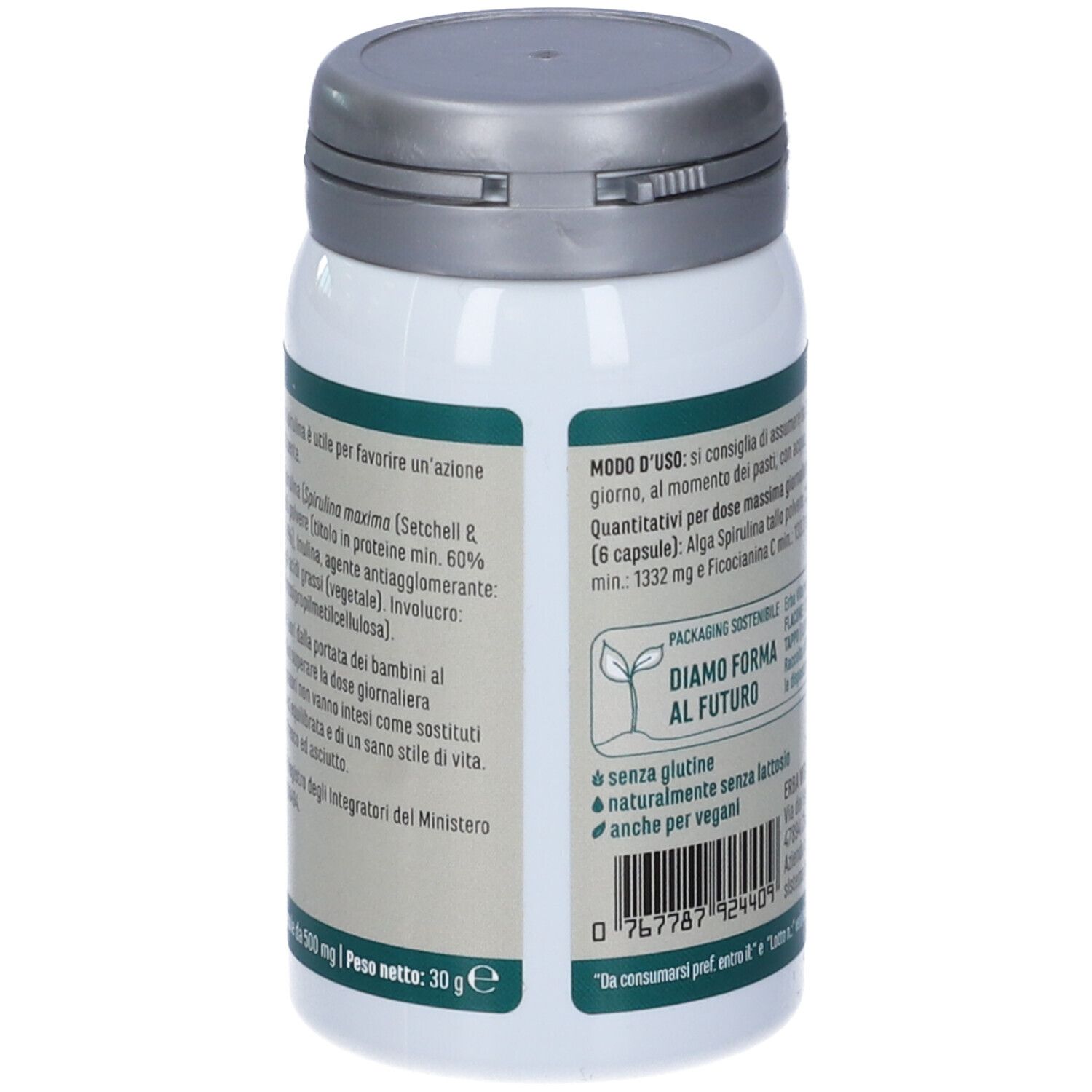 Weiße Flasche mit grauem Deckel. Text: Alga Spirulina. Informationen zu Inhaltsstoffen und Anwendung.