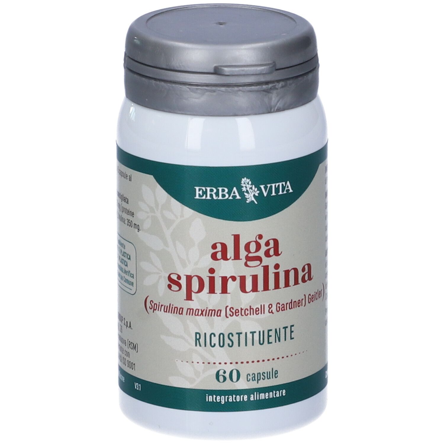 Weißes Nahrungsergänzungsmittel-Behälter mit grauem Deckel. Aufschrift: Erba Vita, Alga Spirulina, 60 Kapseln.