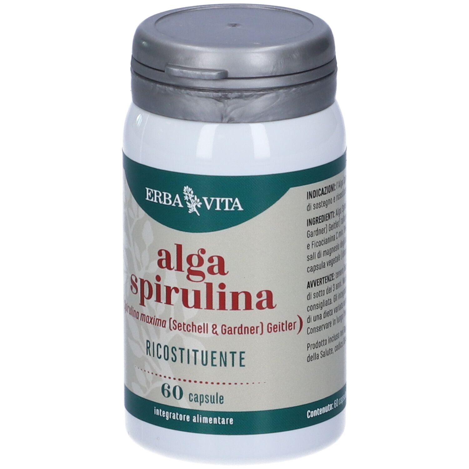 Weißes Nahrungsergänzungsmittel-Behälter mit grauem Deckel. Aufschrift: Erba Vita, Alga Spirulina, 60 Kapseln.