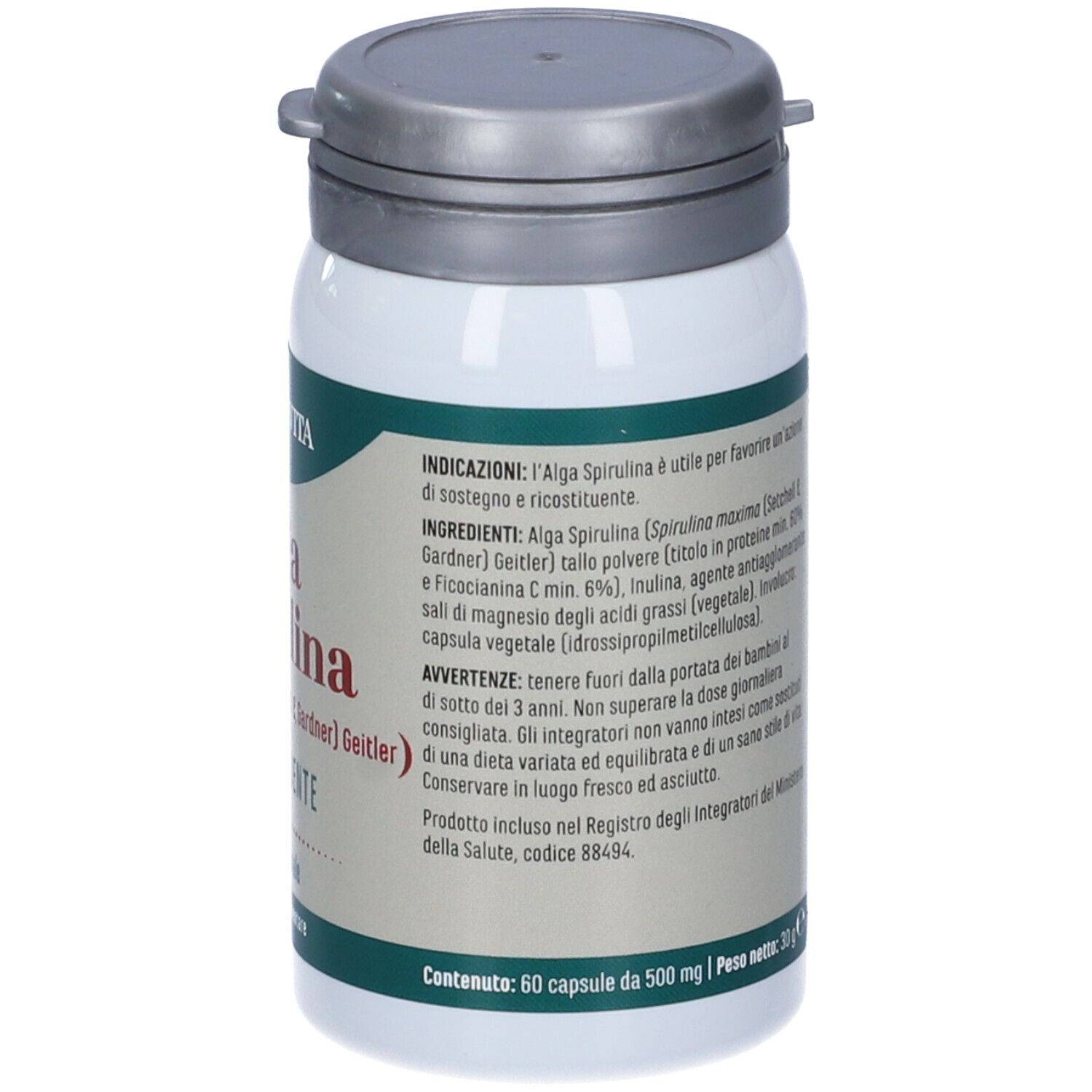 Rückseite einer weißen Flasche mit grauem Deckel. Text: Alga Spirulina. Informationen zu Inhaltsstoffen und Anwendung.