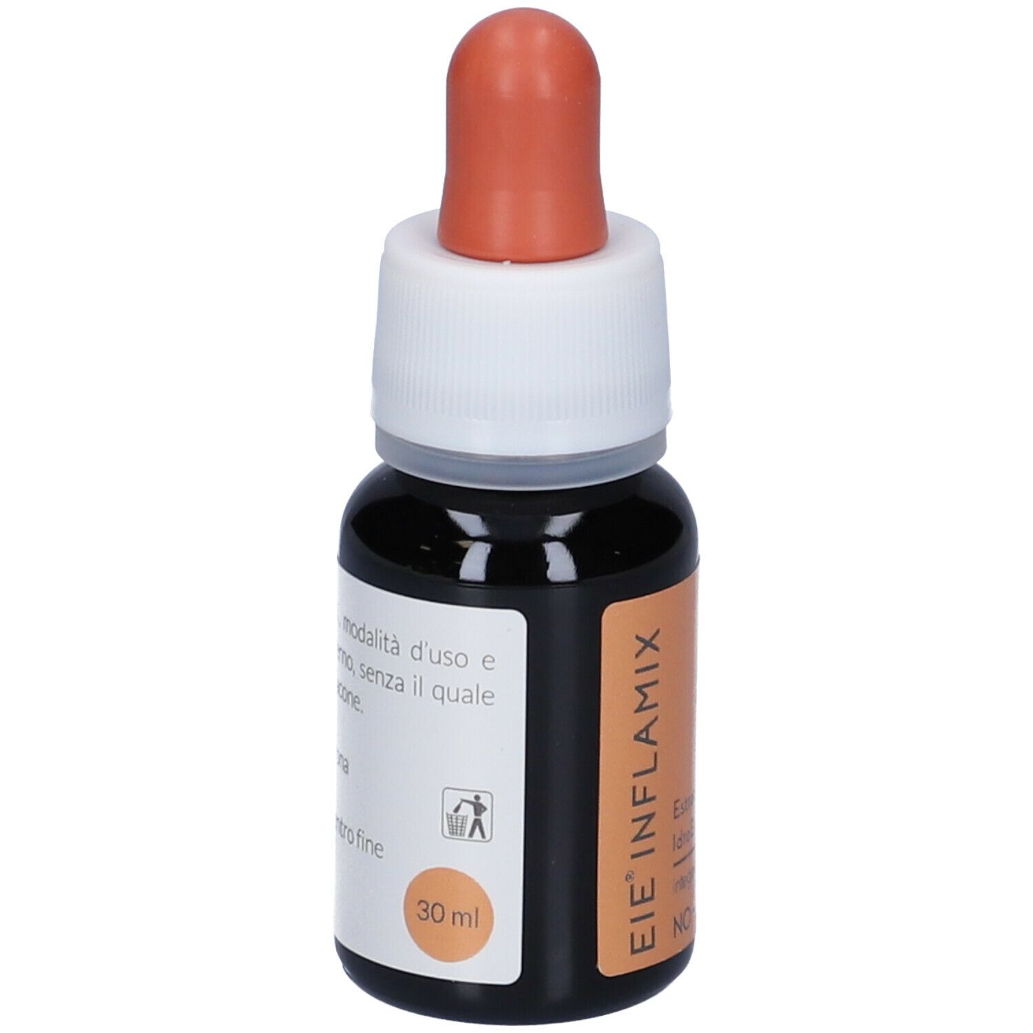 Braune Glasflasche mit Tropfer. Aufschrift EIE INFLAMIX und 30 ml. Orangefarbener Verschluss.
